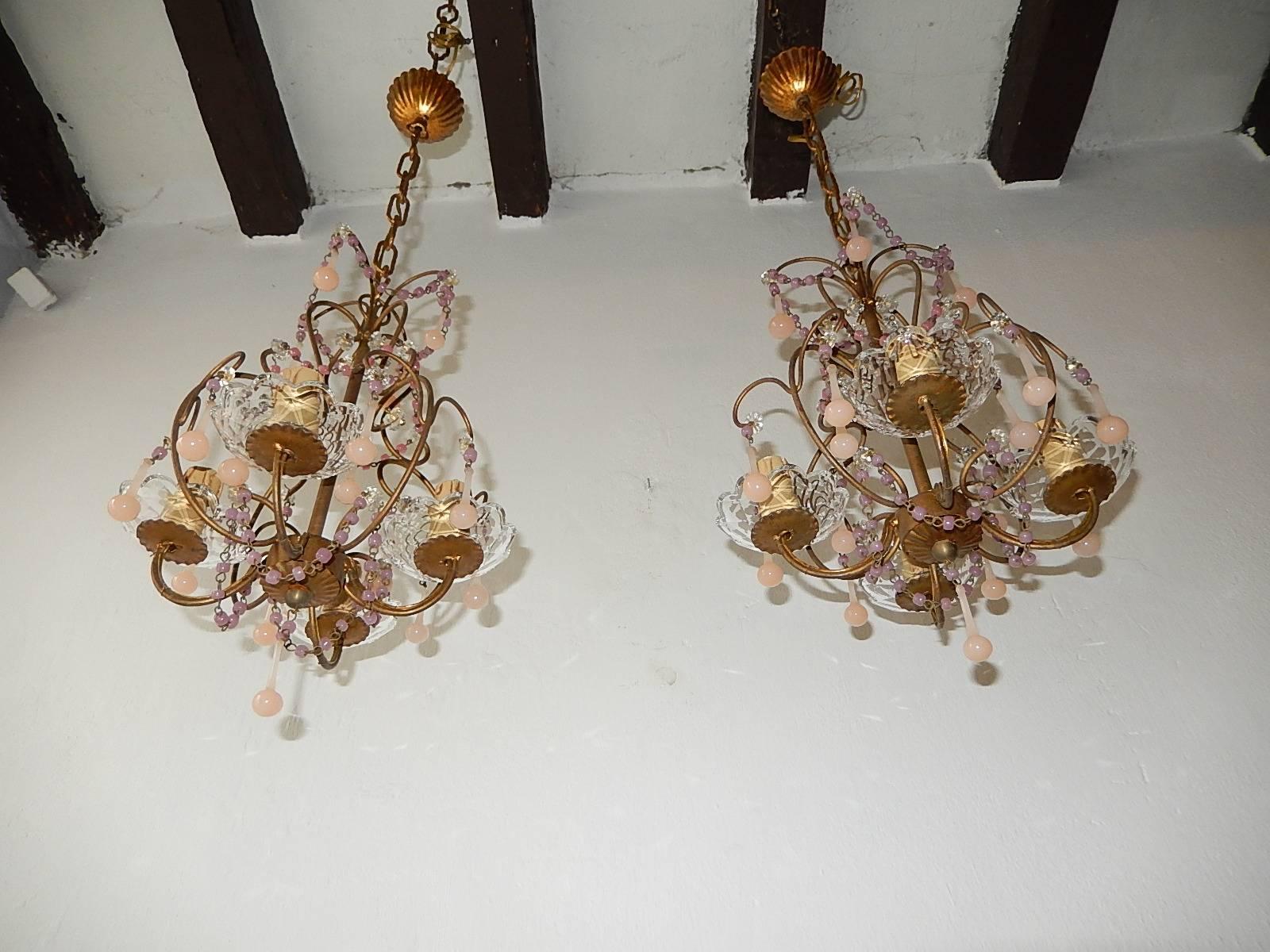 Set of Two Pink Opaline Drops and Beads Petit Chandeliers, circa 1920 2