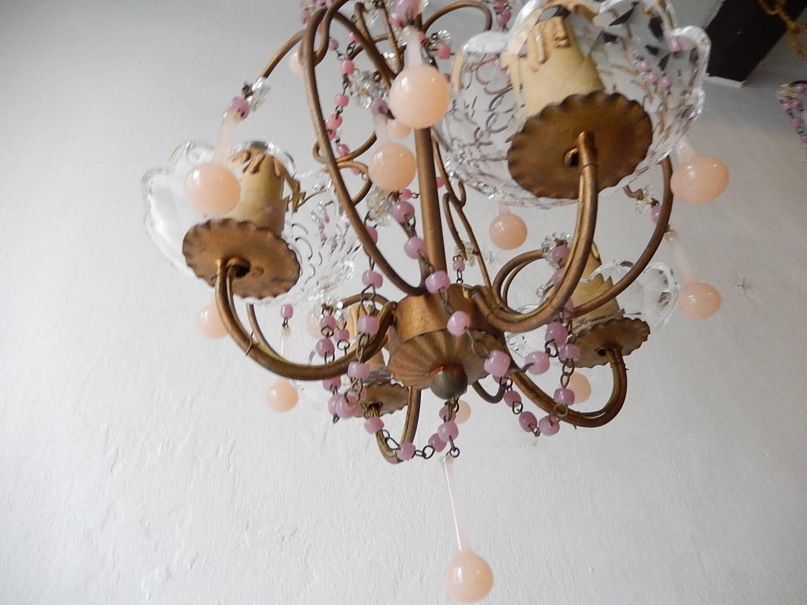 Set of Two Pink Opaline Drops and Beads Petit Chandeliers, circa 1920 3