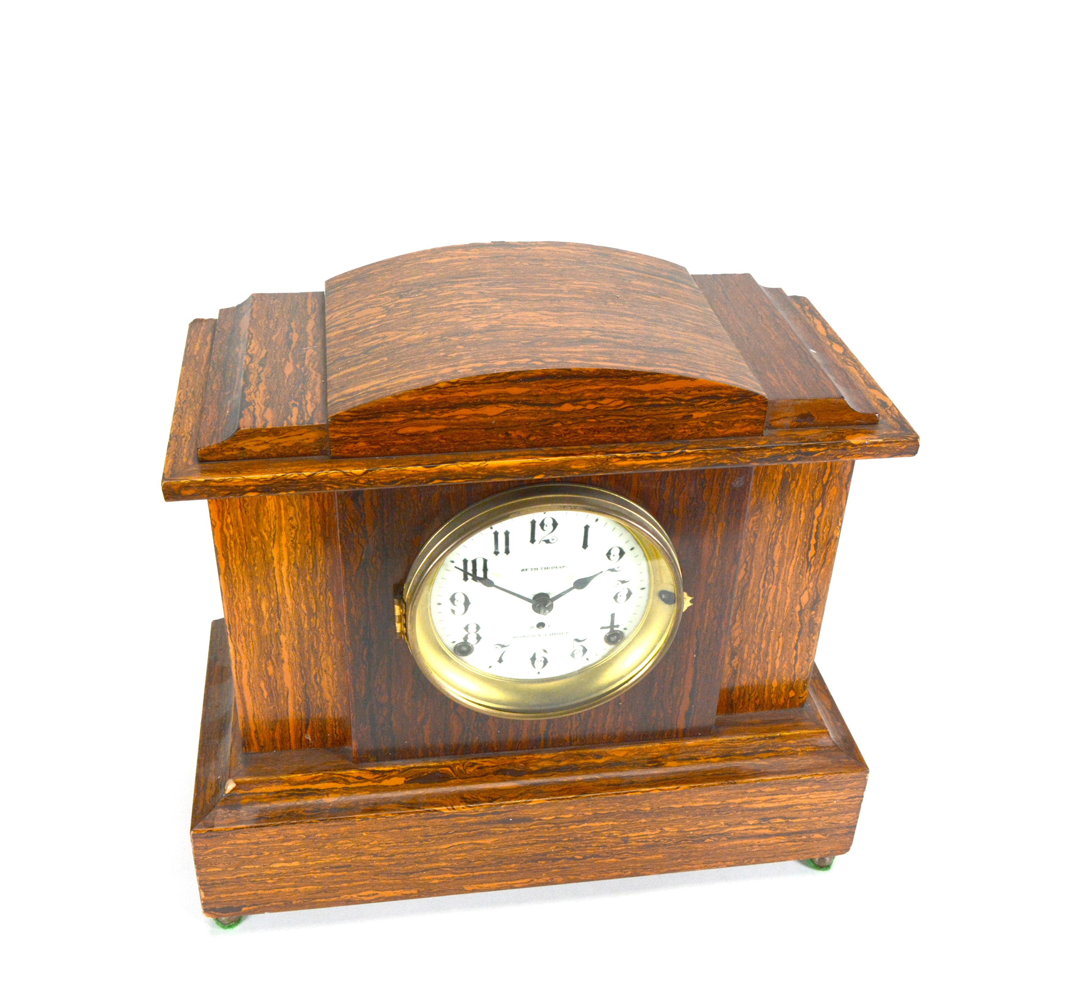 circa 1920 Seth Thomas 4 Glocken Sonora Chime Burl Walnuss Mantle Clock (amerikanisch)