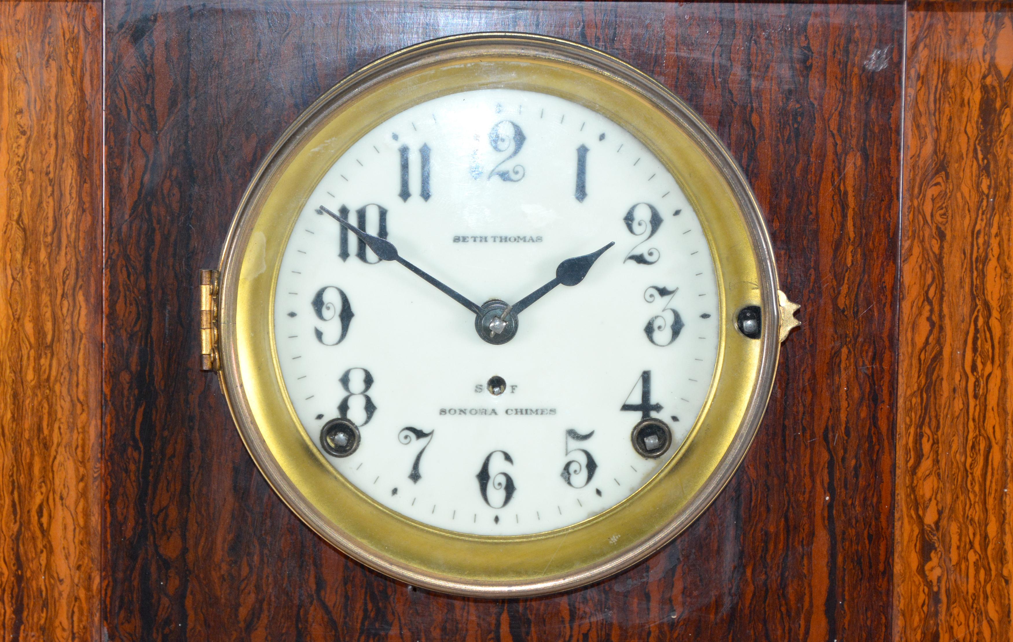 circa 1920 Seth Thomas 4 Bell Sonora Chime Burl Walnut Mantle Clock In Good Condition In Danville, CA