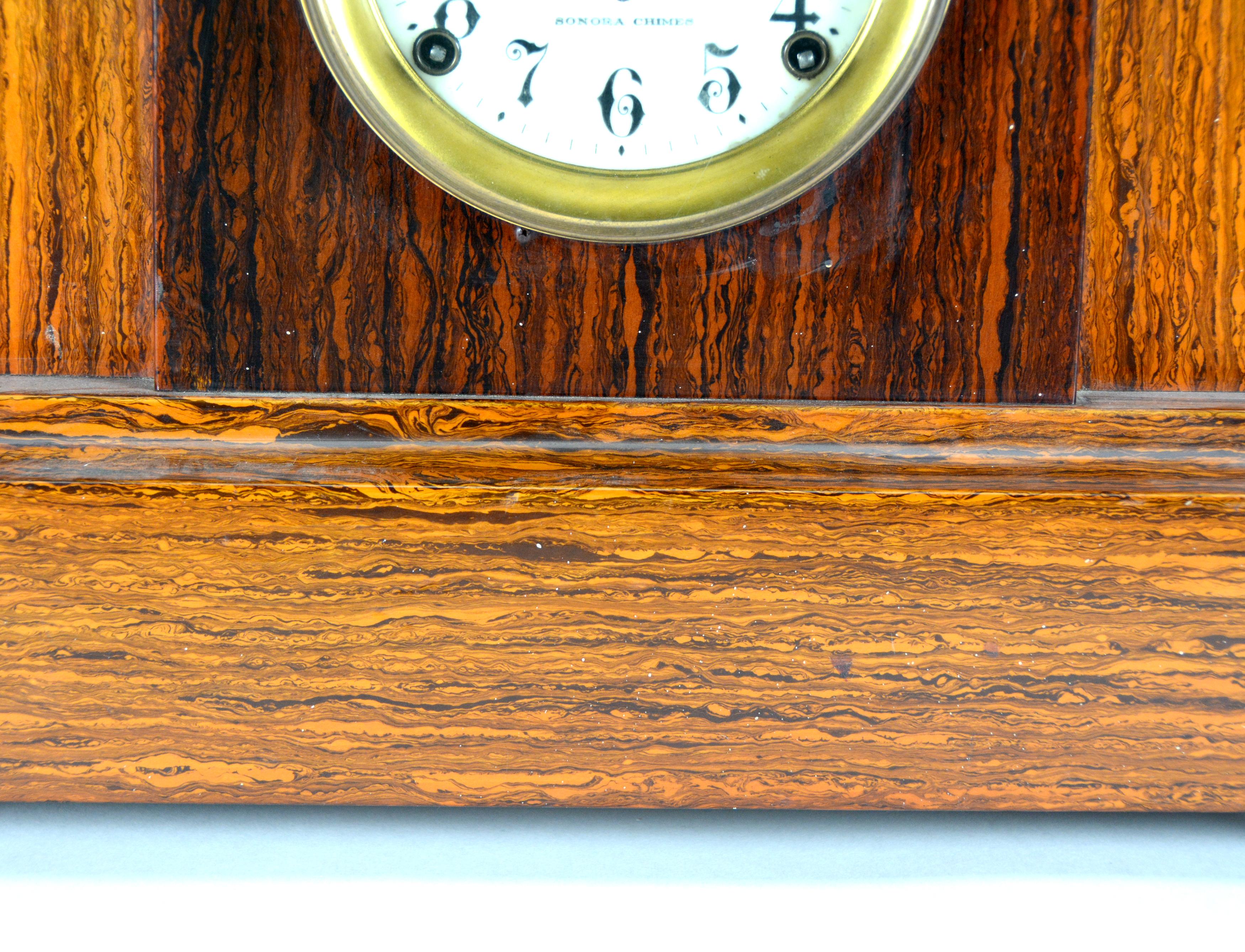 Brass circa 1920 Seth Thomas 4 Bell Sonora Chime Burl Walnut Mantle Clock