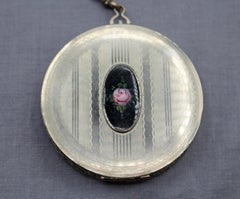 C. 1920s-30s Art Deco Lady's Silver Plate Compact on Wrist Chain