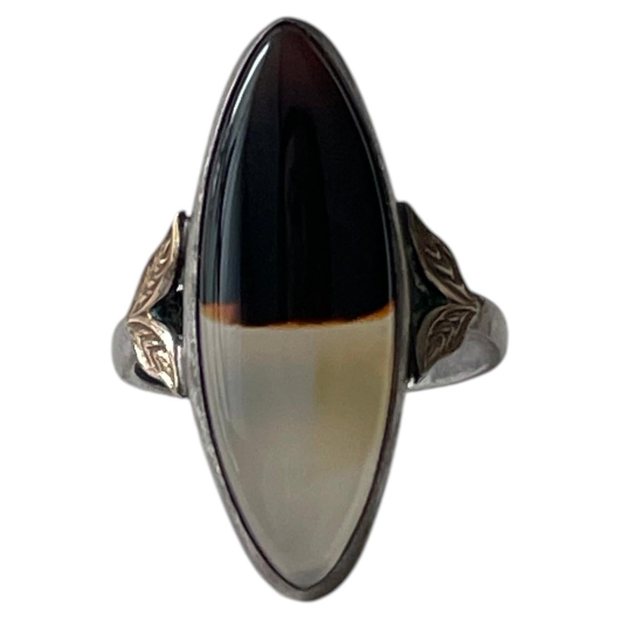 c. 1920s Art Deco 10K Gold & Sterling Moss Agate Two-Tone Marquise Ring