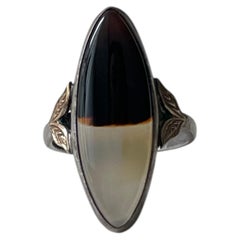 c. 1920s Art Deco 10K Gold & Sterling Moss Agate Two-Tone Marquise Ring