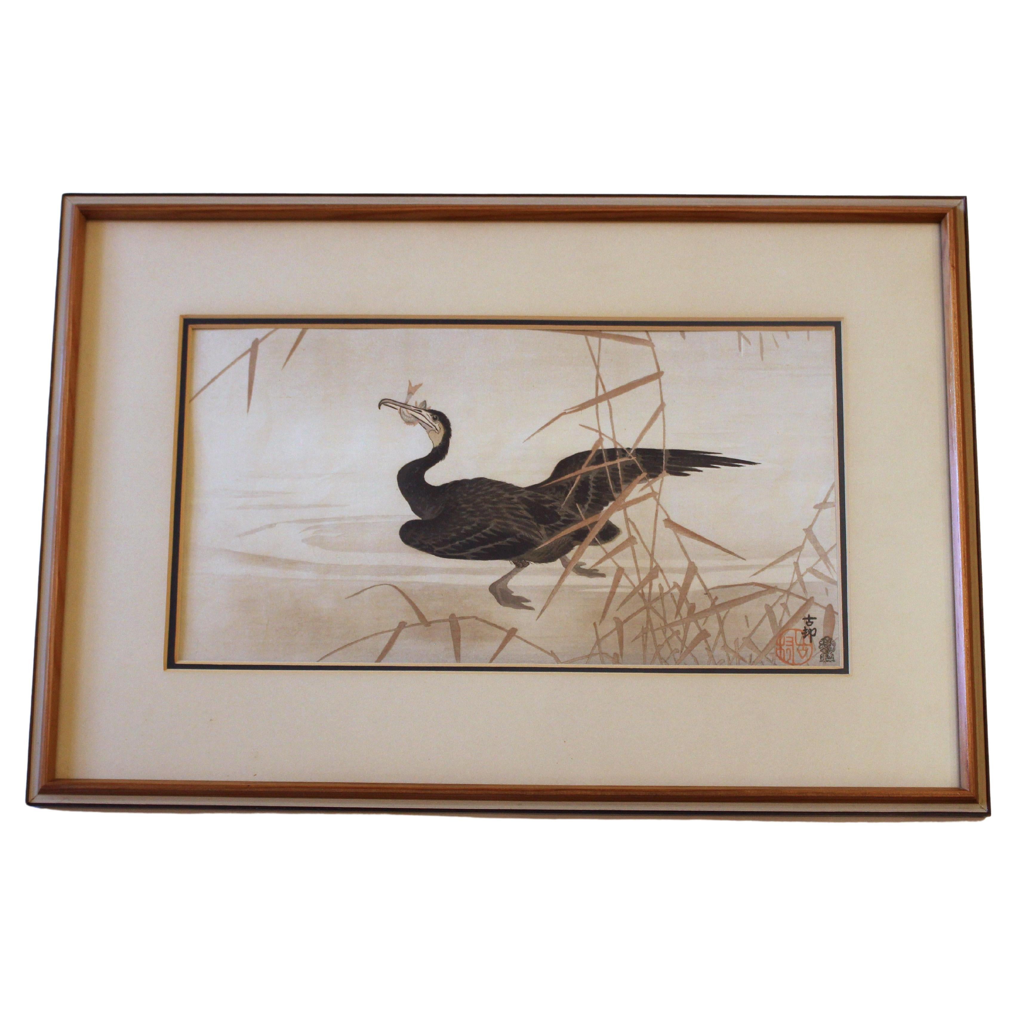 c. 1920s "Cormorant with Fish" by Ohara Koson For Sale
