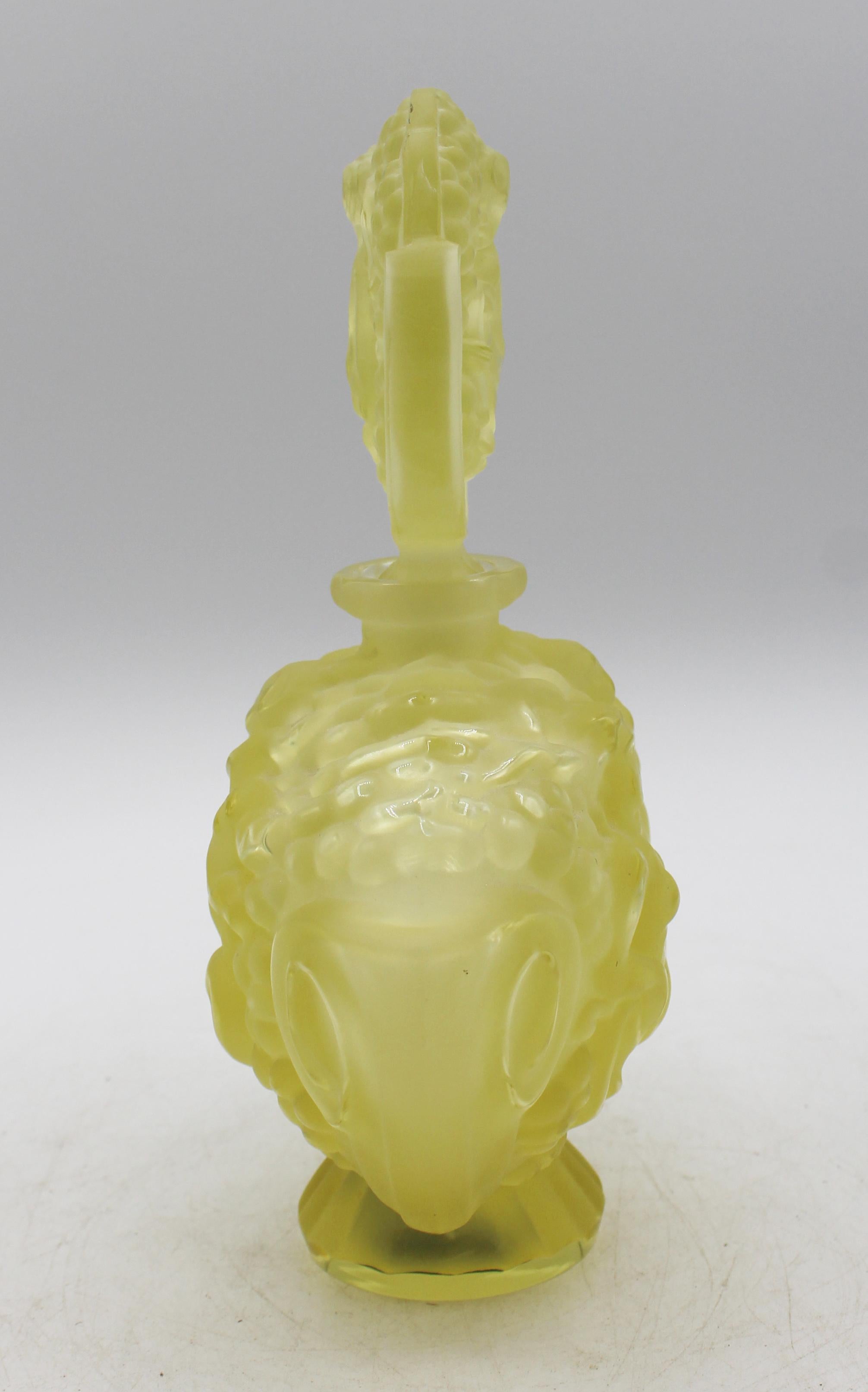 20th Century C. 1920s Czech Art Deco Lemon Yellow Frosted Glass Perfume Bottle & Stopper For Sale
