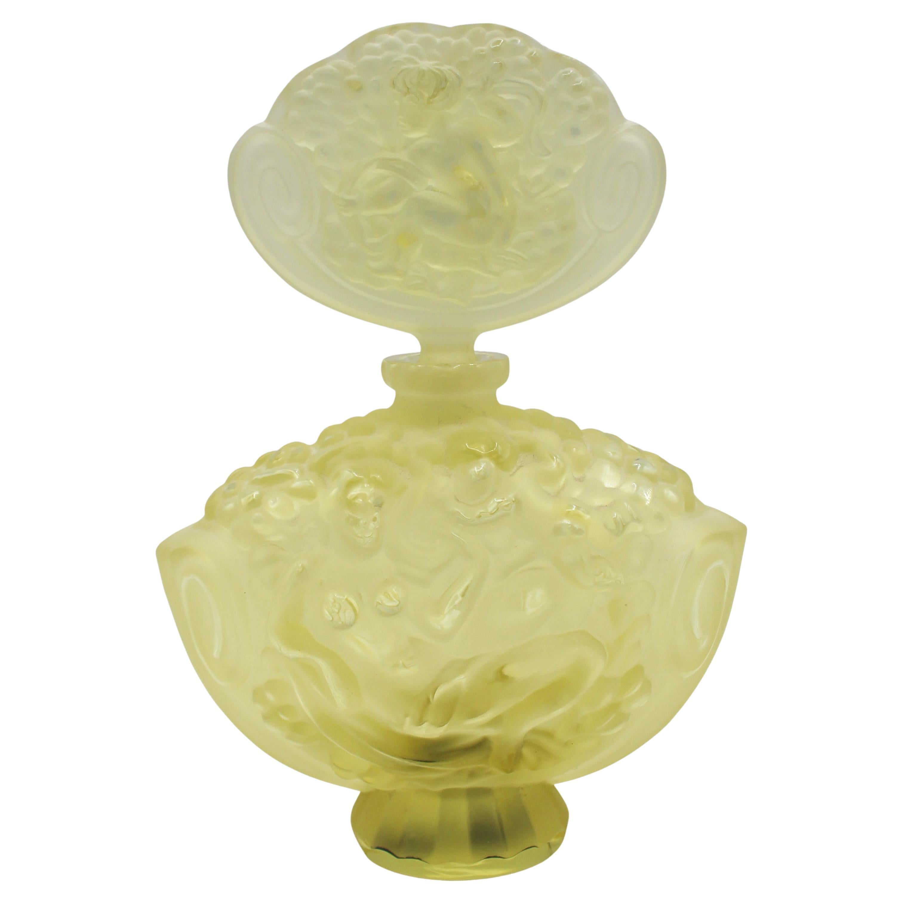 C. 1920s Czech Art Deco Lemon Yellow Frosted Glass Perfume Bottle & Stopper For Sale