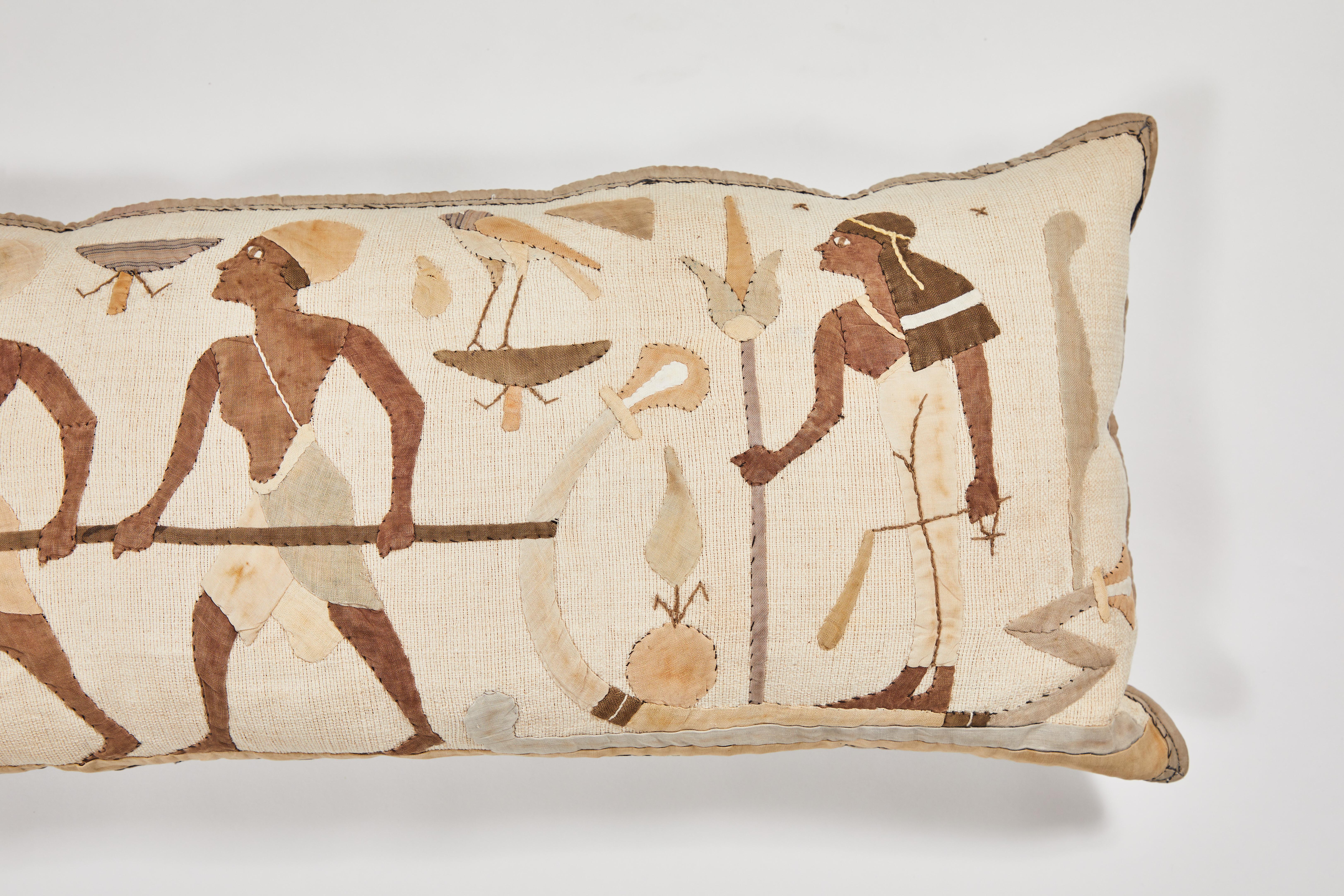 American Egyptian Revival Textile Panel Custom Decorative Bolster Pillow, circa 1920s