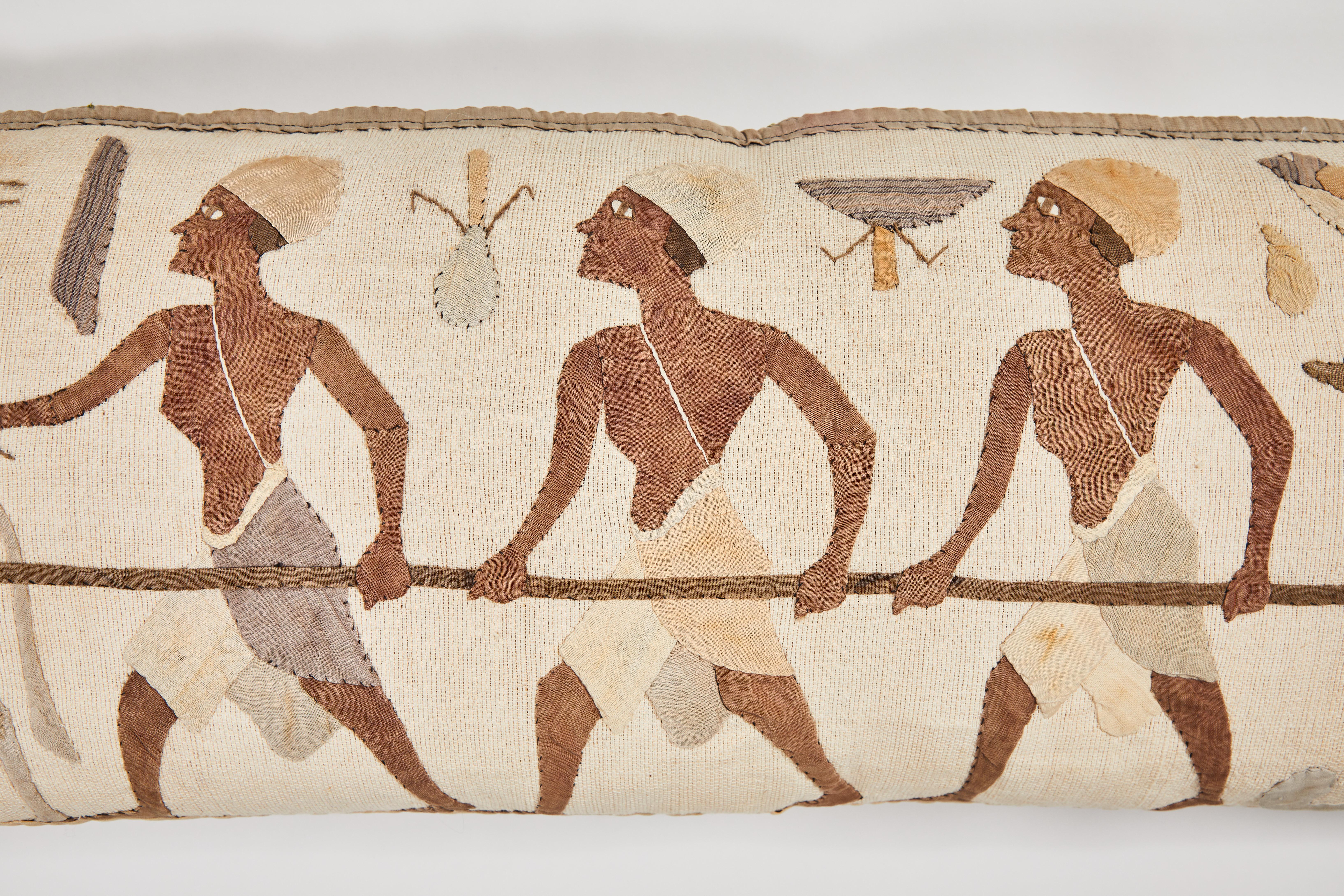 Egyptian Revival Textile Panel Custom Decorative Bolster Pillow, circa 1920s In Good Condition In Pasadena, CA