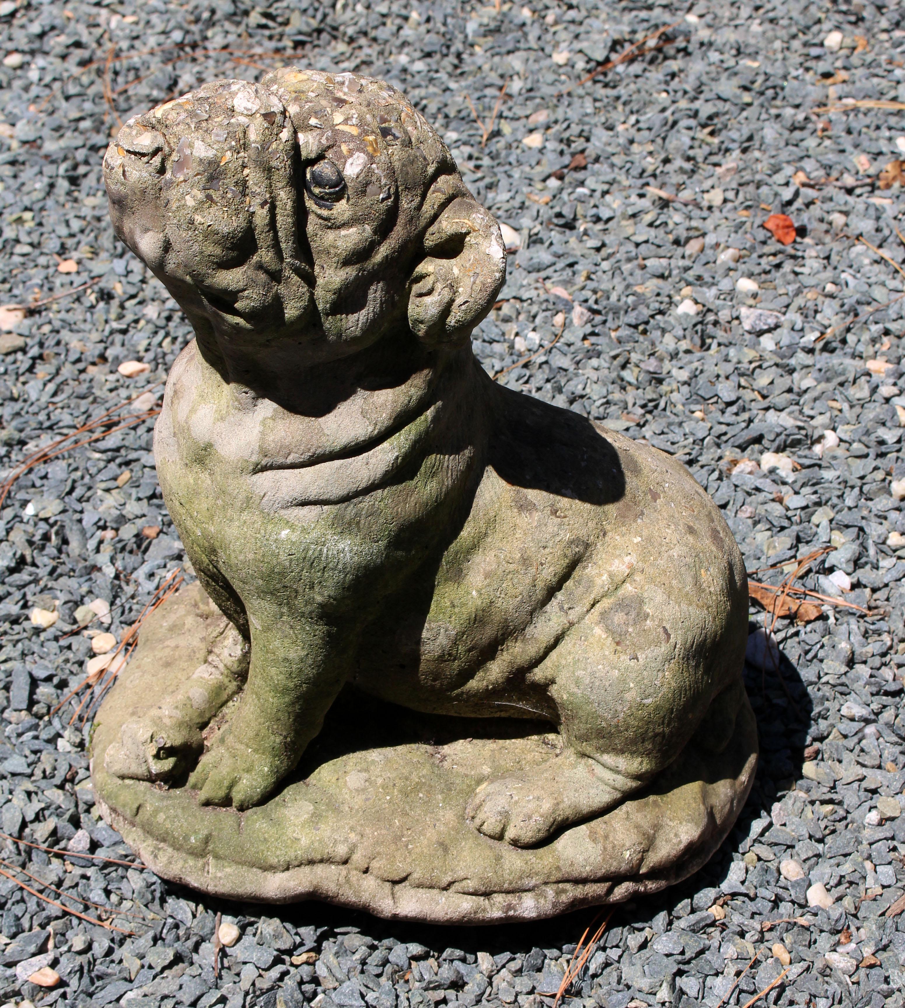 Circa 1920s cast stone Bulldog garden ornament, English. Simply adorable -  seated gazing up with a bone between his paws. Wonderfully weathered surfaces.
15.5
