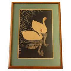 c. 1928 Woodblock Print "Swans and Reeds" by Ohara Koson