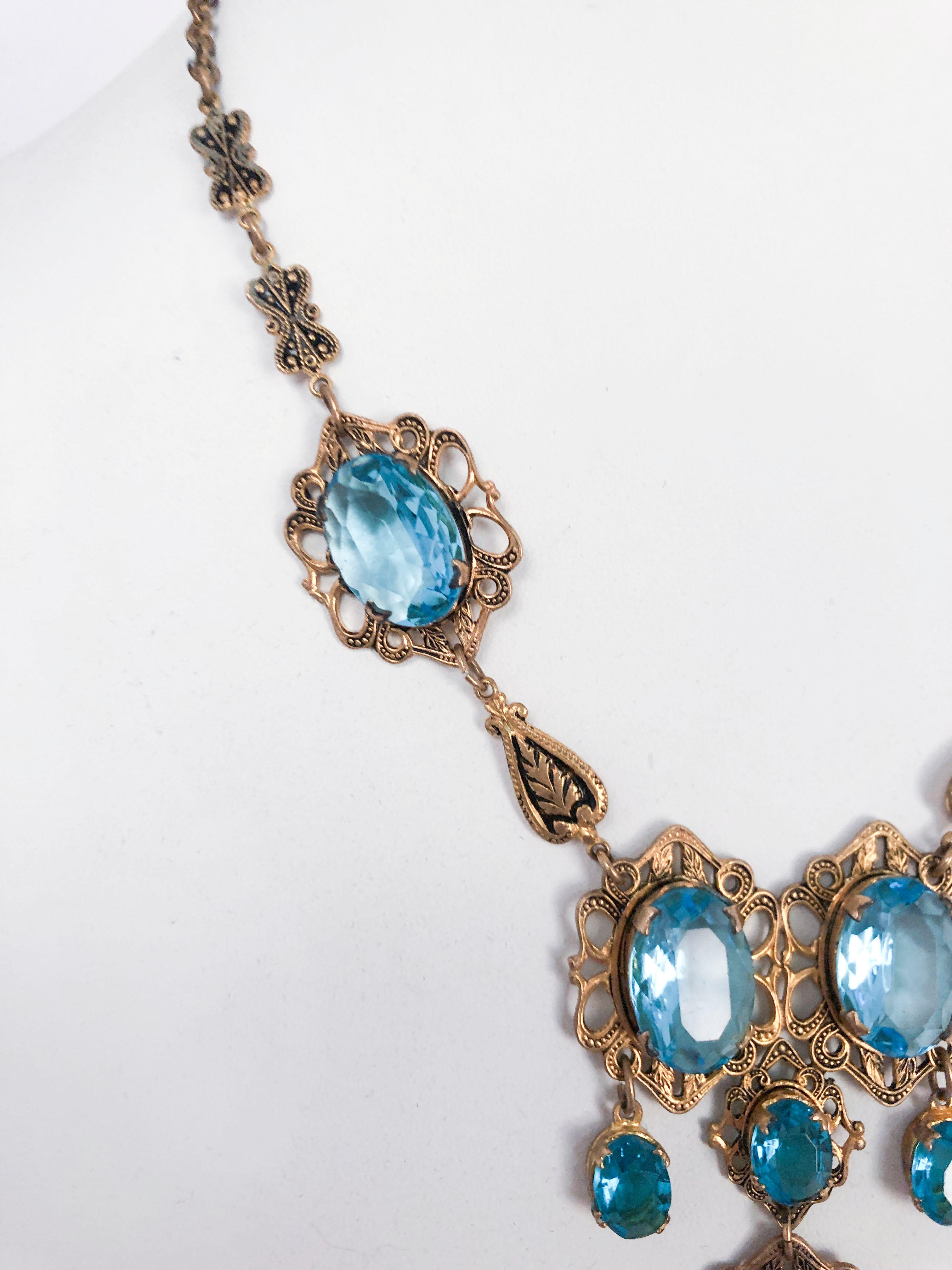 c. 1930 Aqua and Brass Necklace/Earring Set In Good Condition In San Francisco, CA