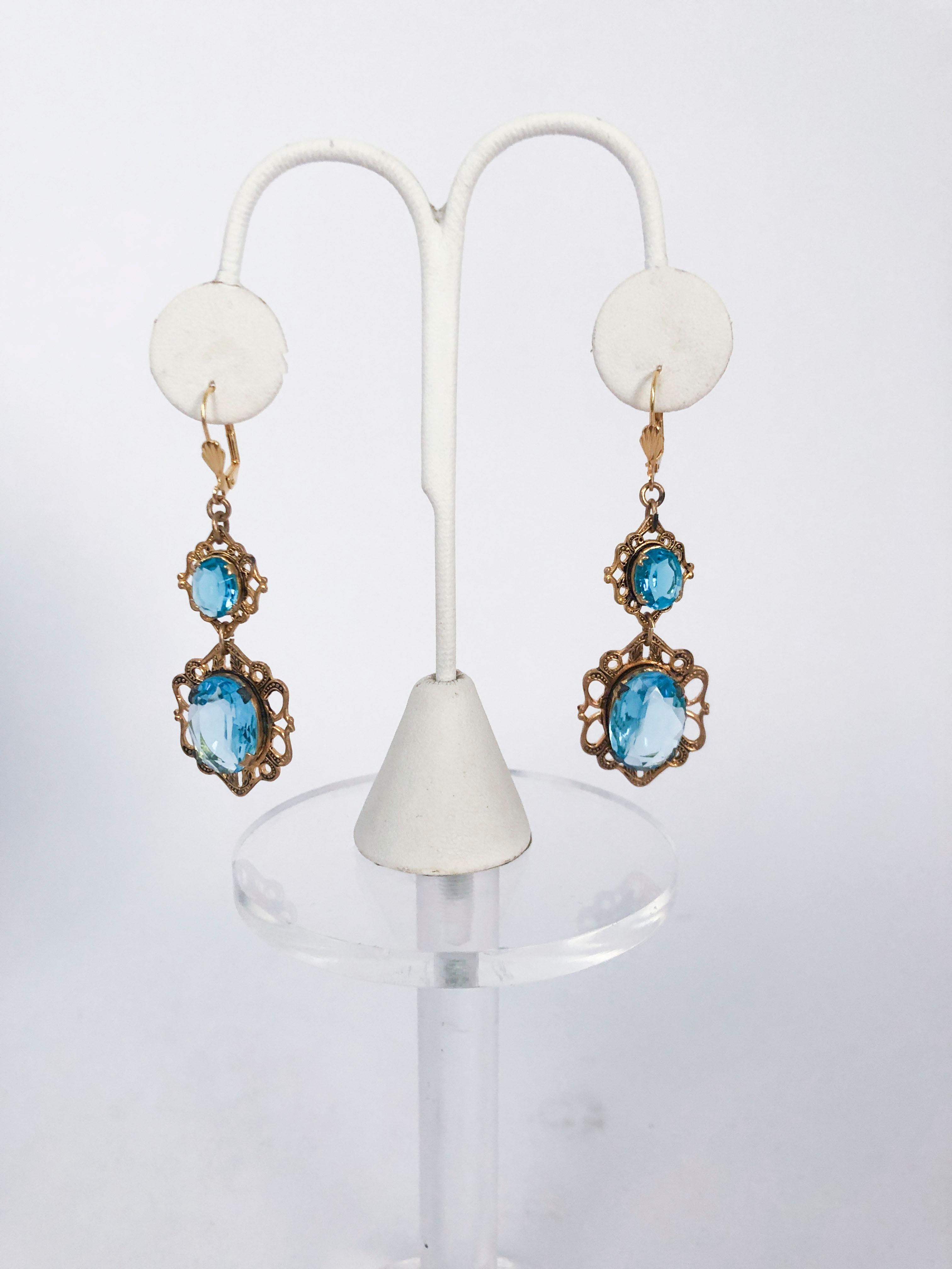Women's c. 1930 Aqua and Brass Necklace/Earring Set