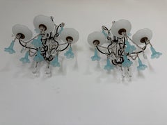 c 1930 Aqua Blue Murano Bell Flowers Crystal Prisms Sconces One of a Kind