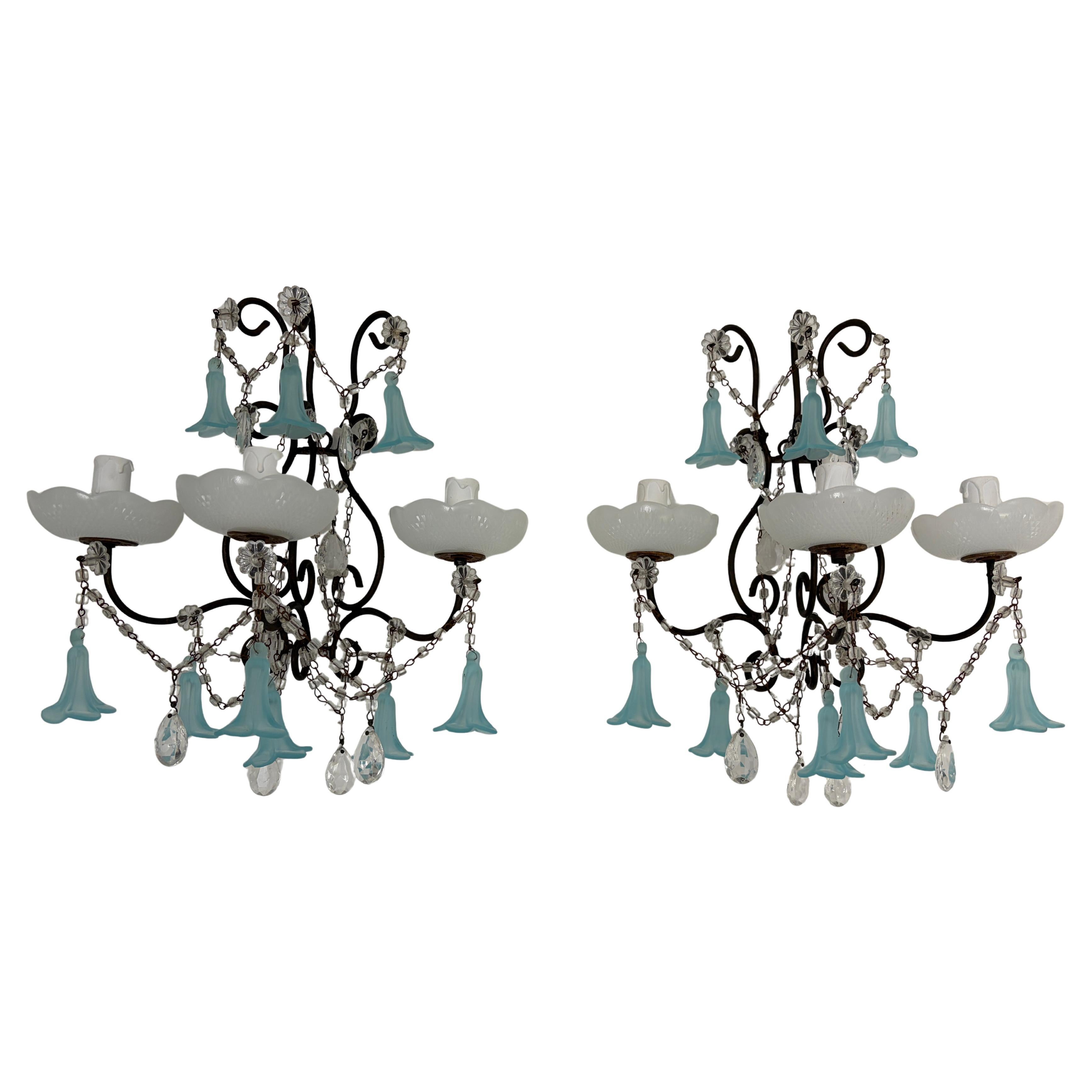 c 1930 Aqua Blue Murano Bell Flowers Crystal Prisms Sconces One of a Kind For Sale