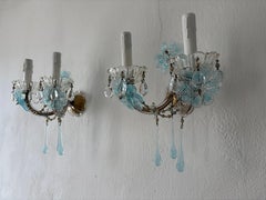 c 1930 Aqua Blue Murano Flowers & Drops Crystal Prisms Sconces One of a Kind