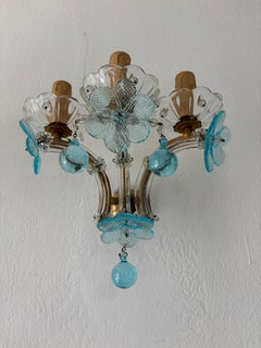 c 1930 Rare Pair Aqua Blue 3 Lights Murano Flowers Crystal Sconces One of Kind