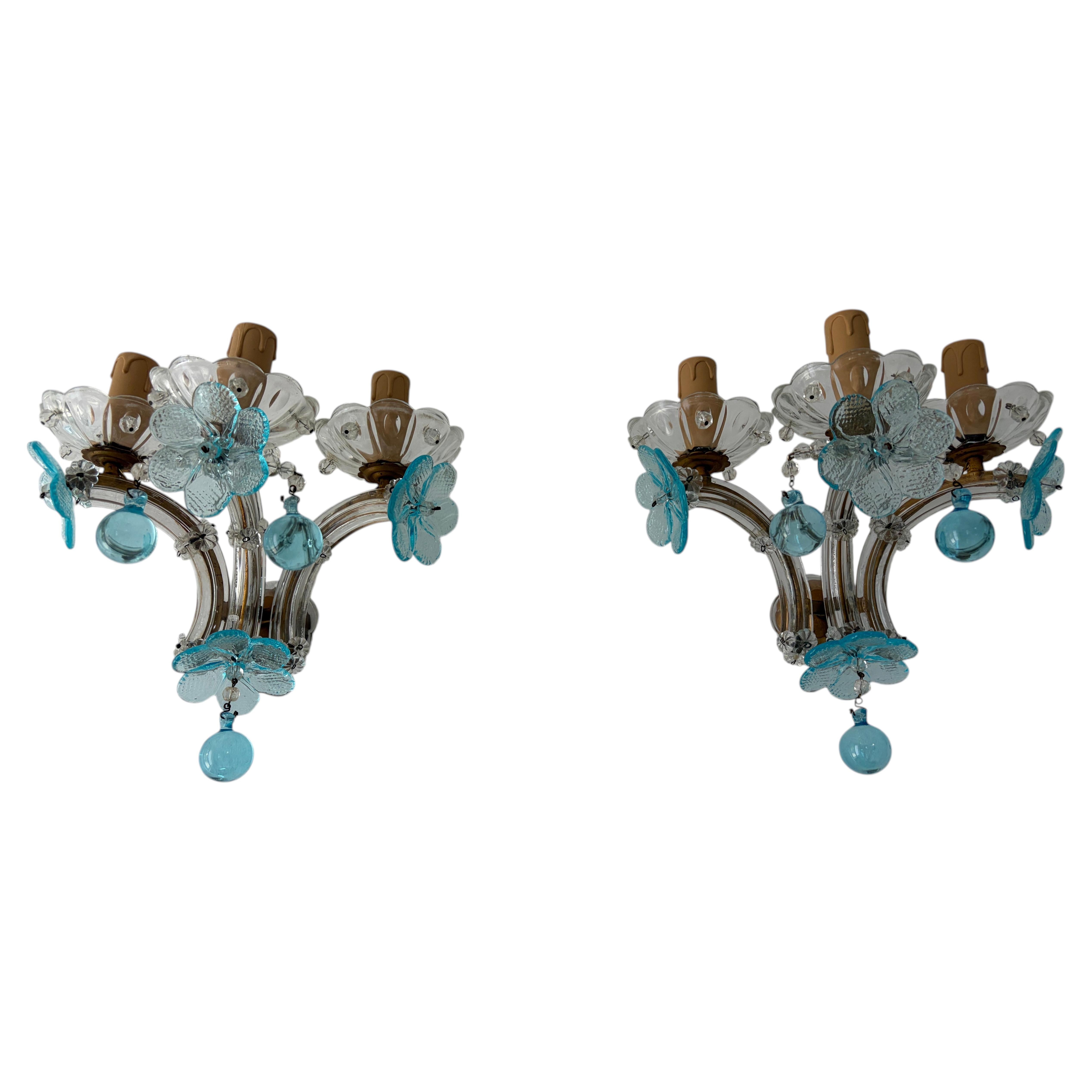 c 1930 Rare Pair Aqua Blue 3 Lights Murano Flowers Crystal Sconces One of Kind For Sale