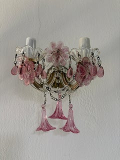 c 1930 Rare Pink Cranberry Fuchsia  Murano Flowers Crystal Sconces One of Kind