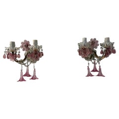 c 1930 Rare Pink Cranberry Fuchsia  Murano Flowers Crystal Sconces One of Kind