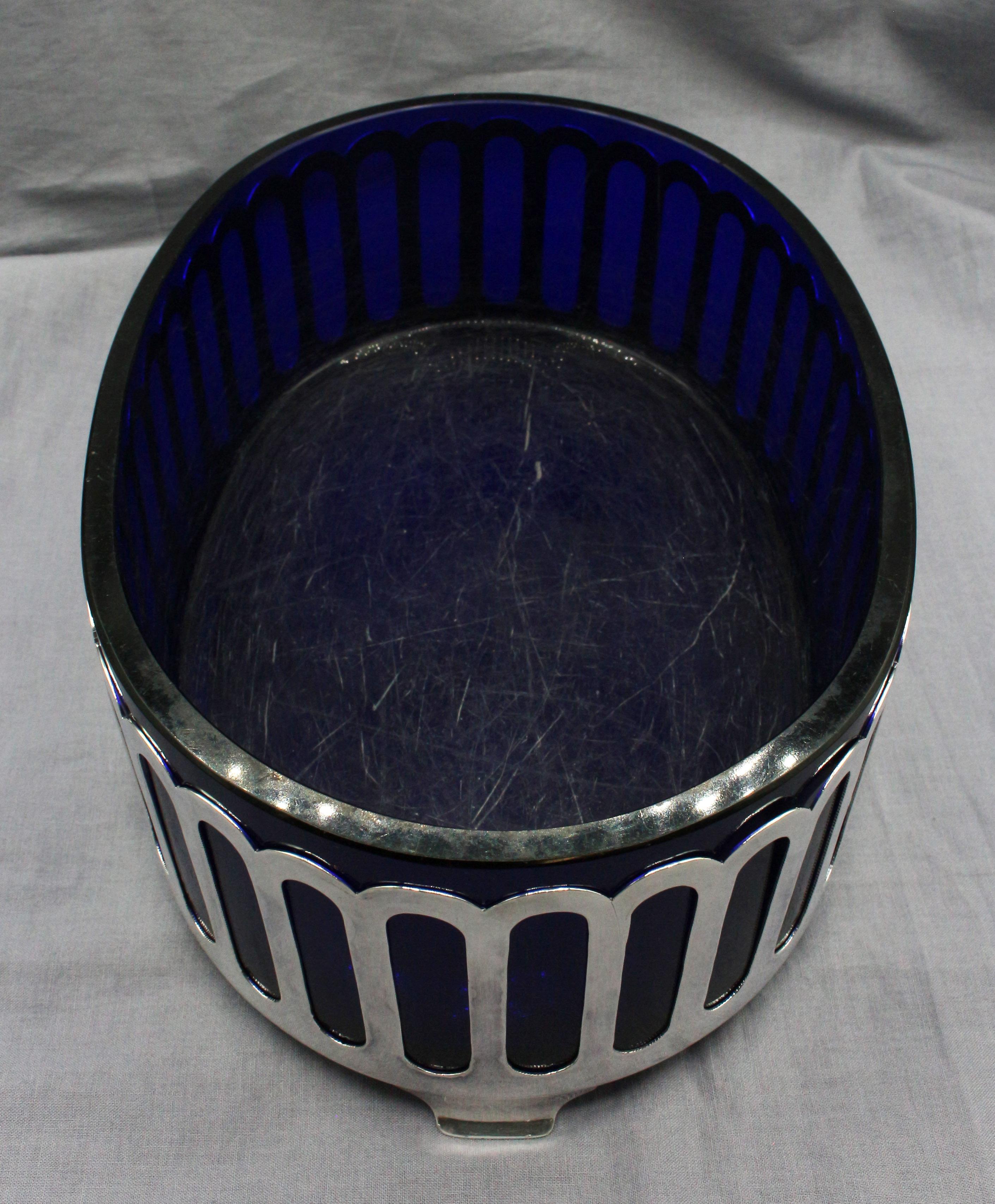 American c. 1930s Art Deco Cobalt Glass & Silver Plated Serving Dish For Sale