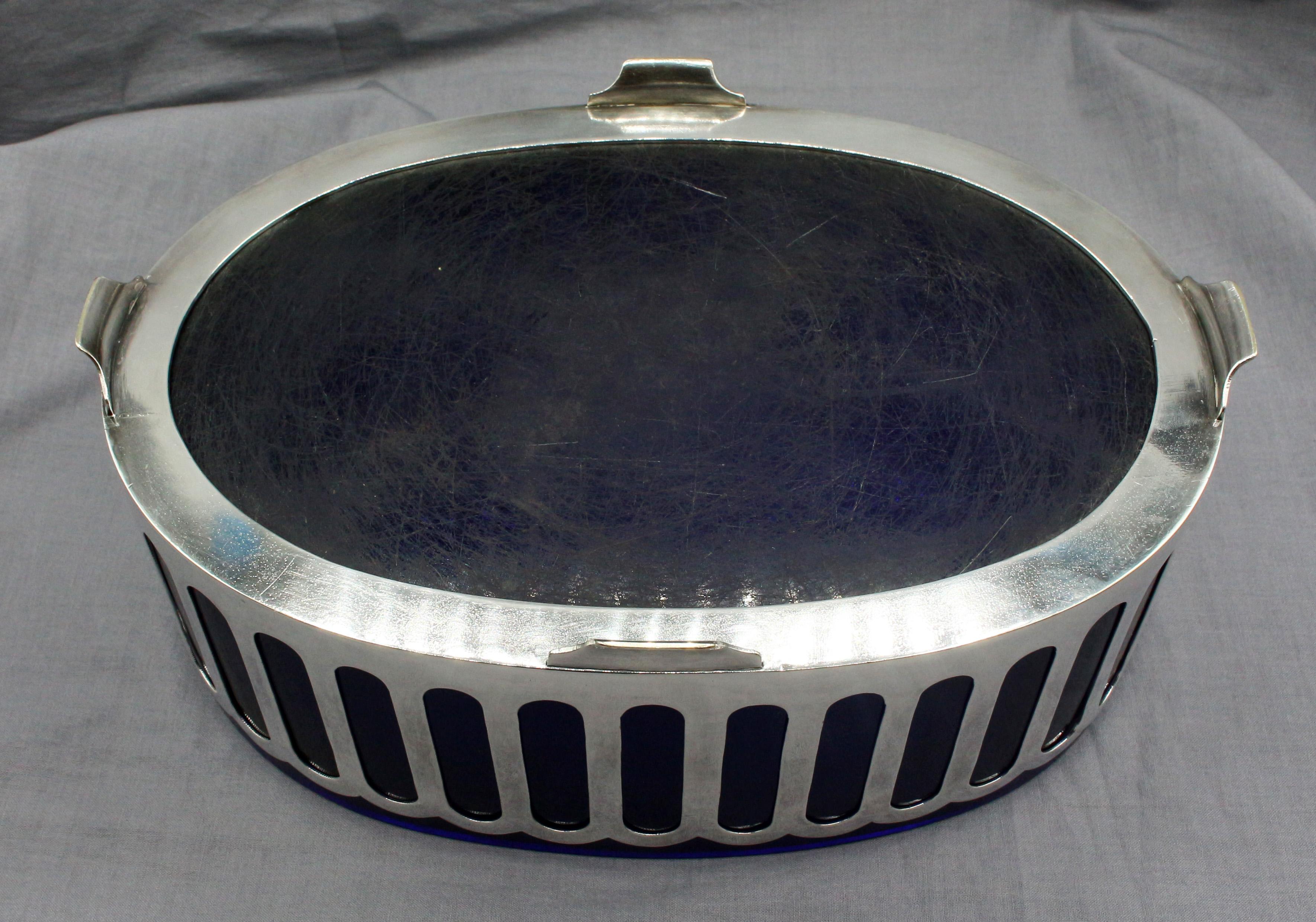 Mid-20th Century c. 1930s Art Deco Cobalt Glass & Silver Plated Serving Dish For Sale