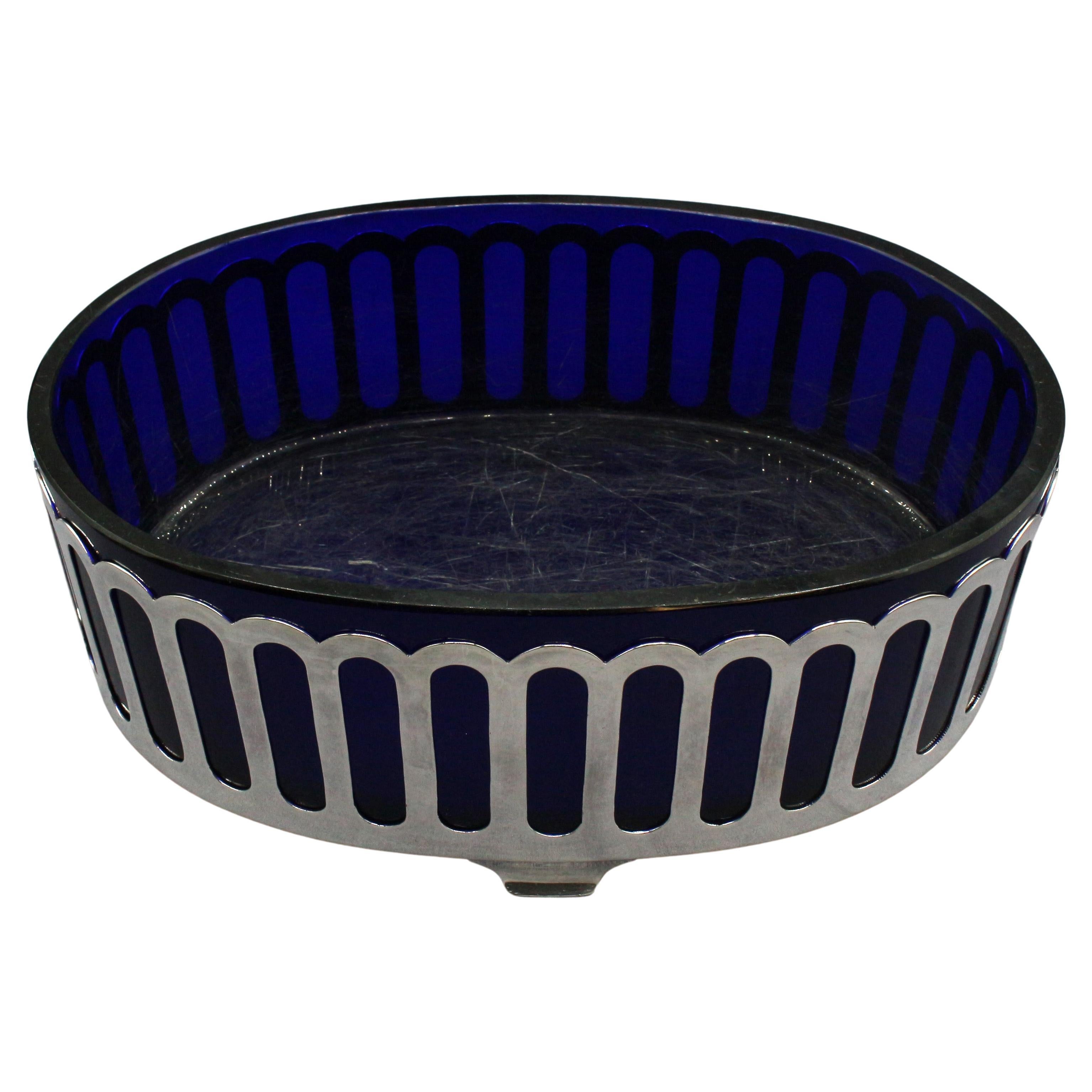 c. 1930s Art Deco Cobalt Glass & Silver Plated Serving Dish For Sale