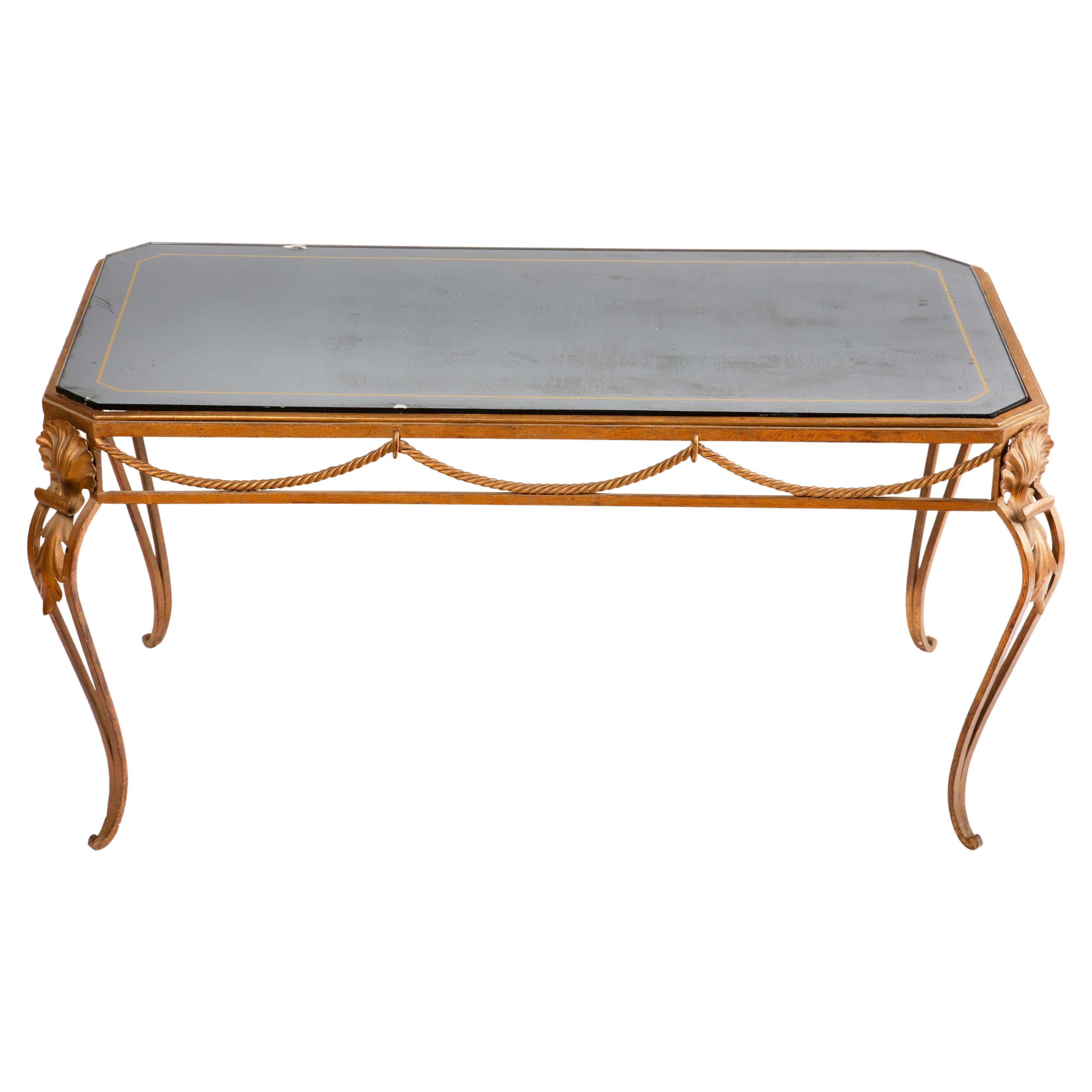 c. 1940 French Gilt Iron Coffee Table with Églomisé Glass Top