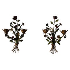 c 1940 italiano pesante Tole floreale vibrante Sconcesi Fiori Bigli Grande Dimensione