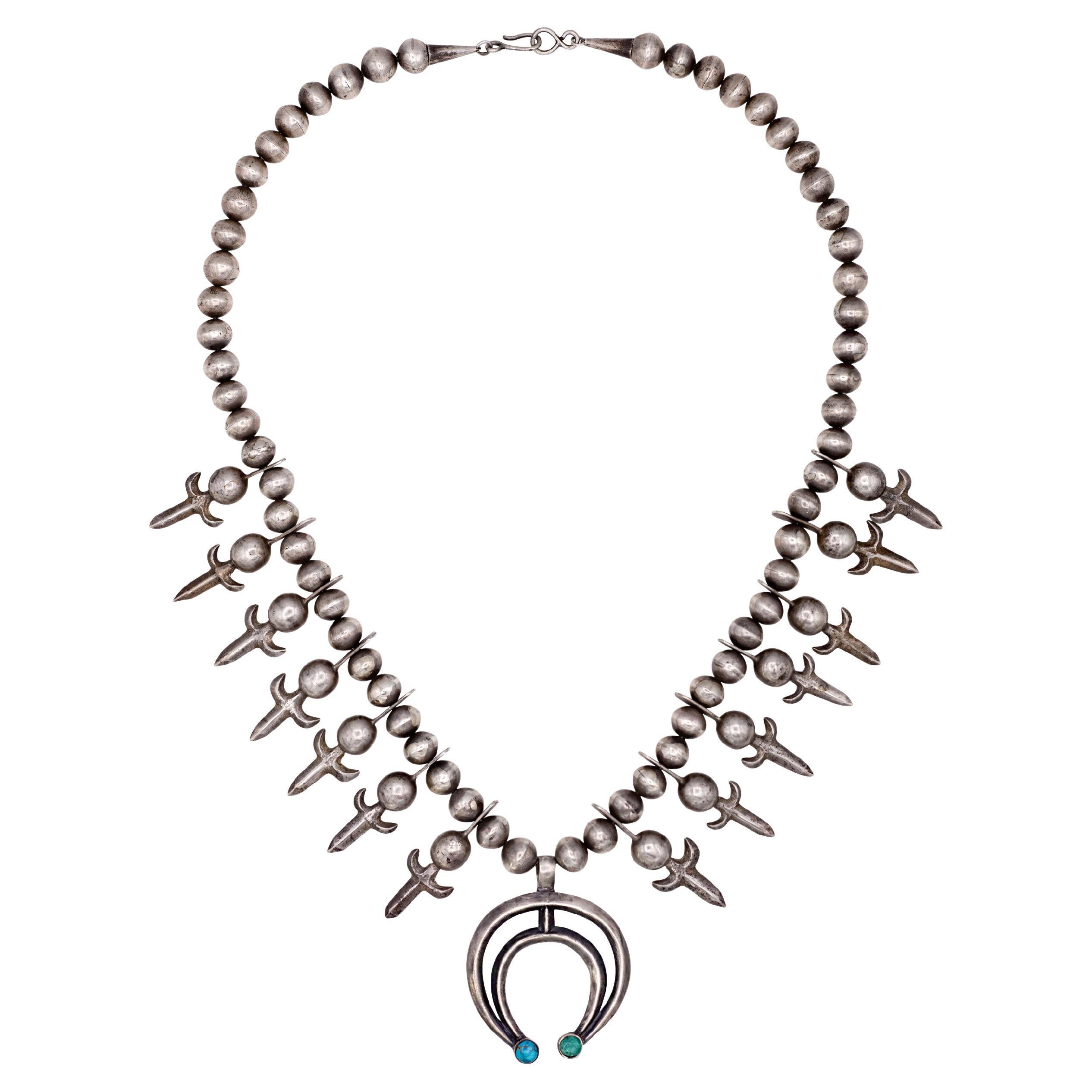 Navajo Turquoise and Sterling Silver Squash Blossom Necklace circa 1940