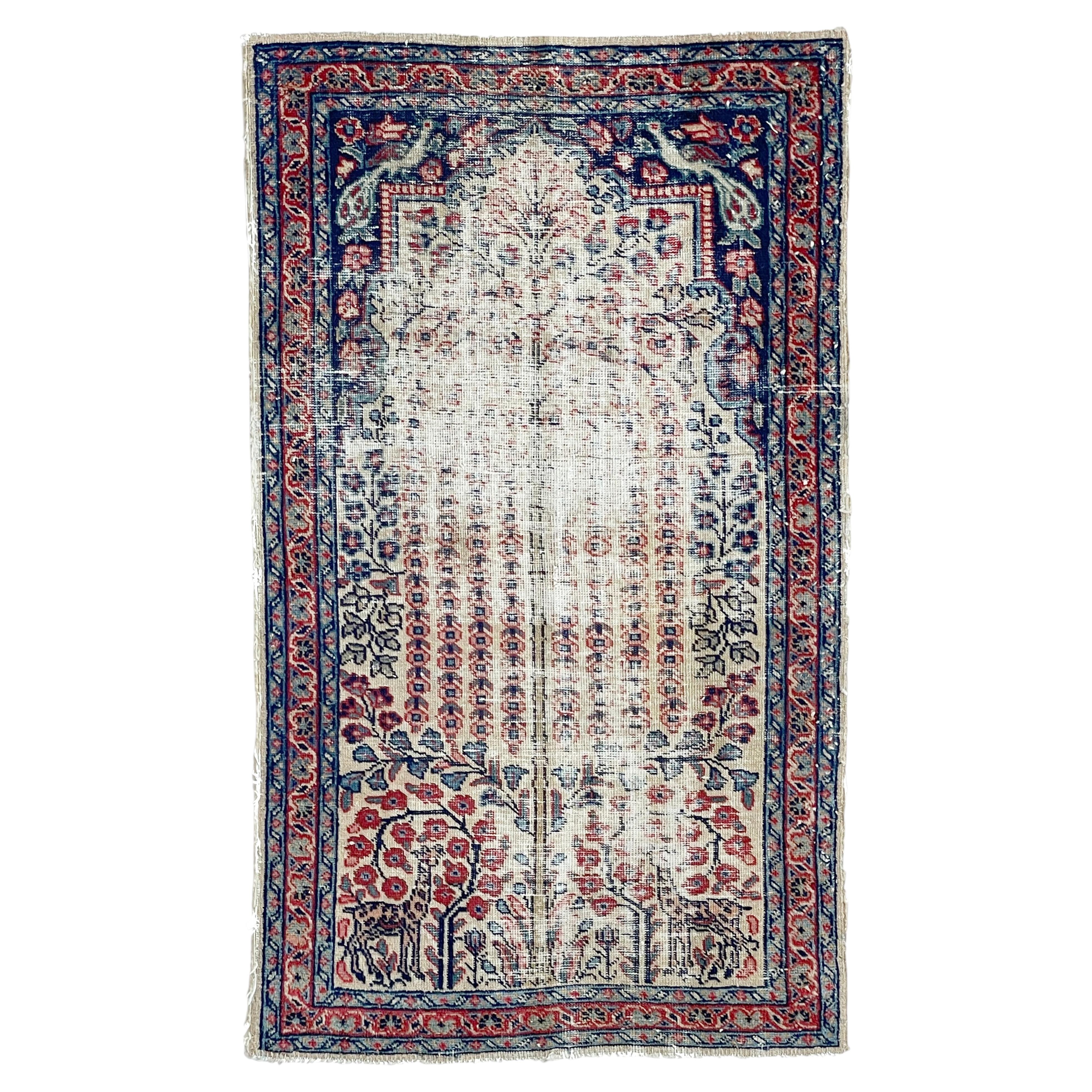 C. 1940 Worn Tree of Life Hand-knotted Wool Rug 2.7 x 4.5 For Sale