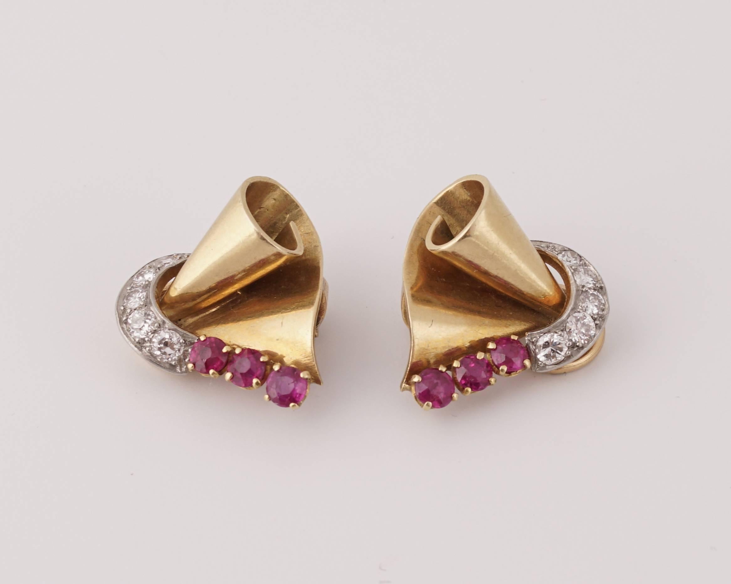 Round Cut Retro 18 Karat Gold Platinum Ruby and Diamond Clip-On Earrings, circa 1940
