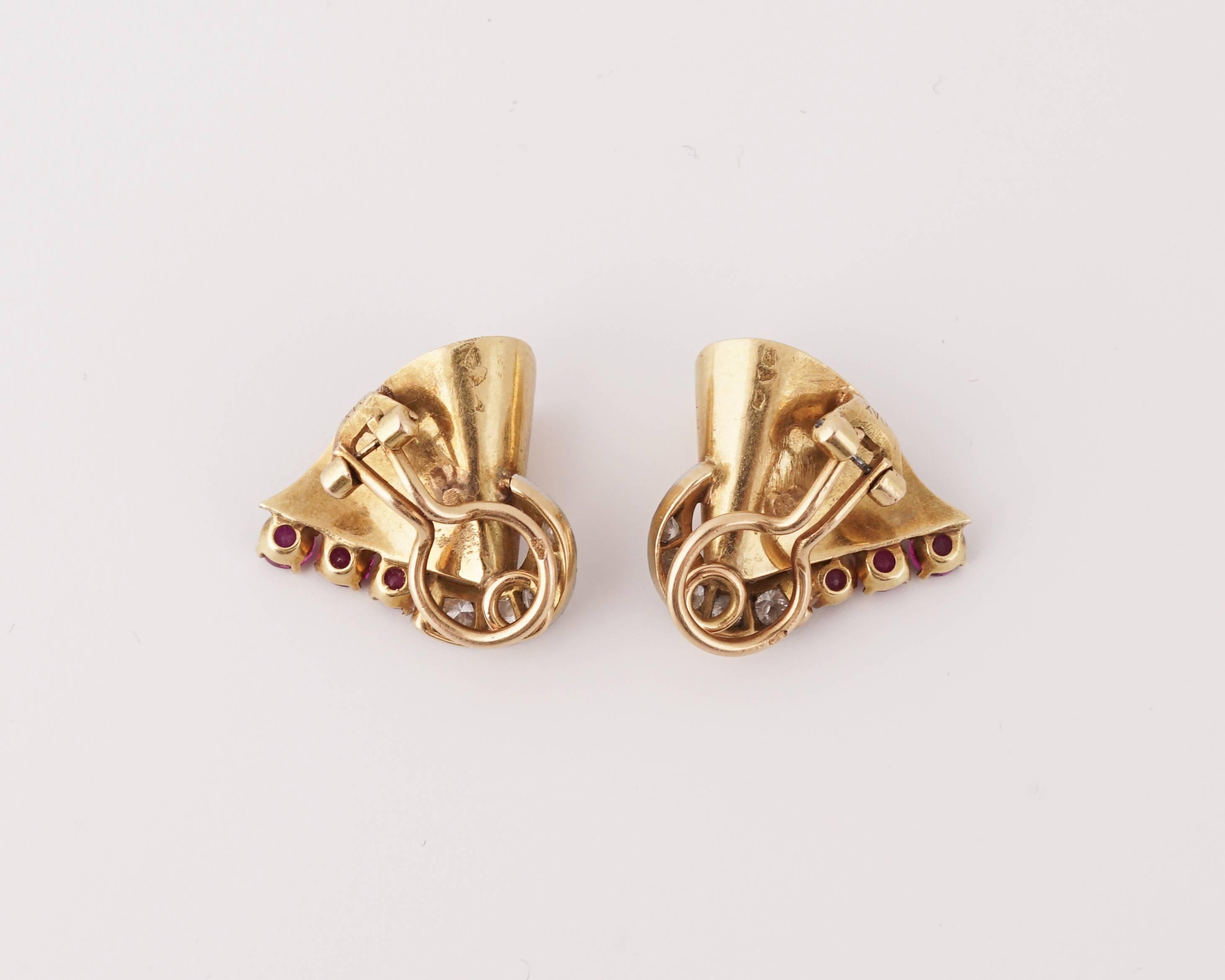 Retro 18 Karat Gold Platinum Ruby and Diamond Clip-On Earrings, circa 1940 1