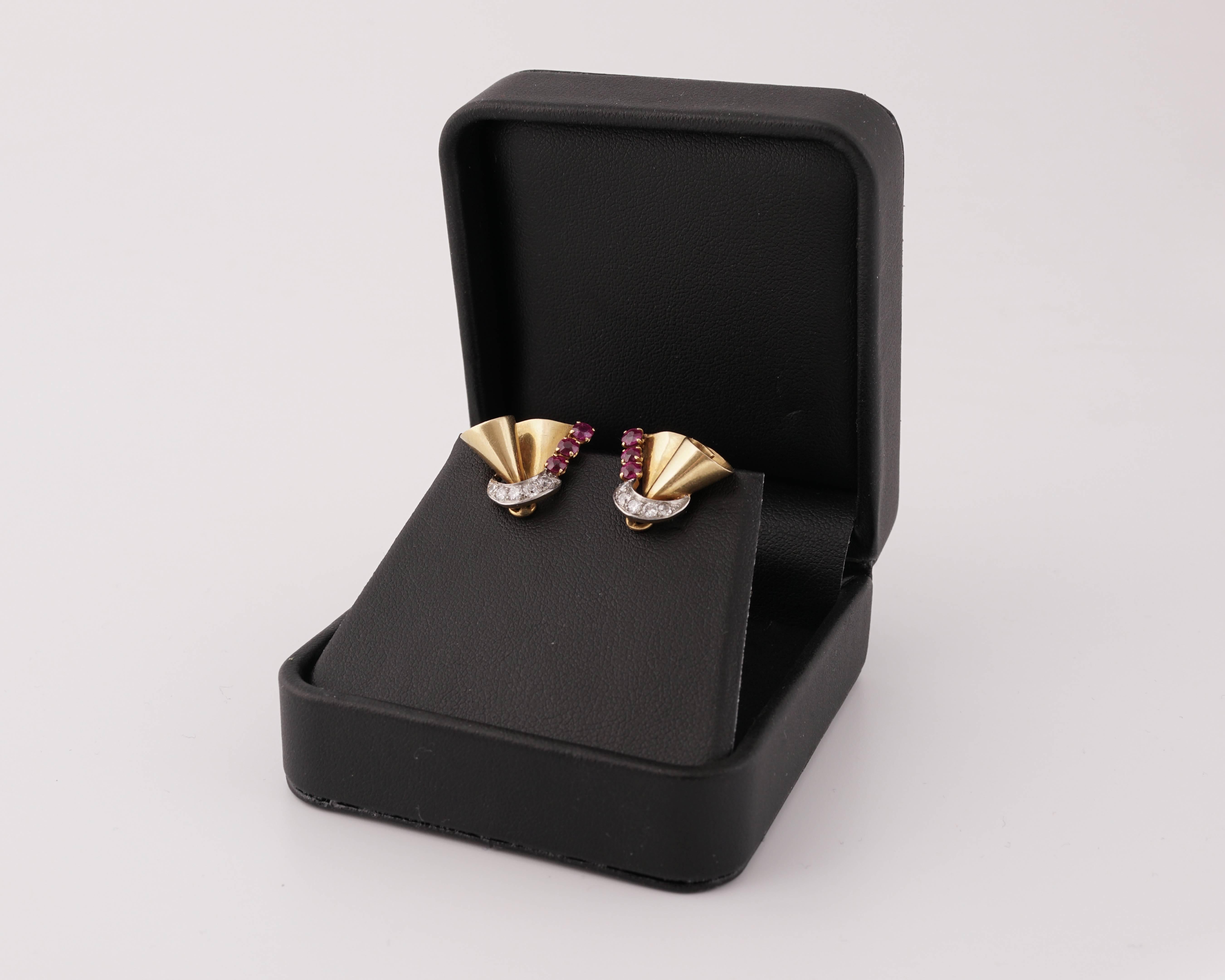 Retro 18 Karat Gold Platinum Ruby and Diamond Clip-On Earrings, circa 1940 2