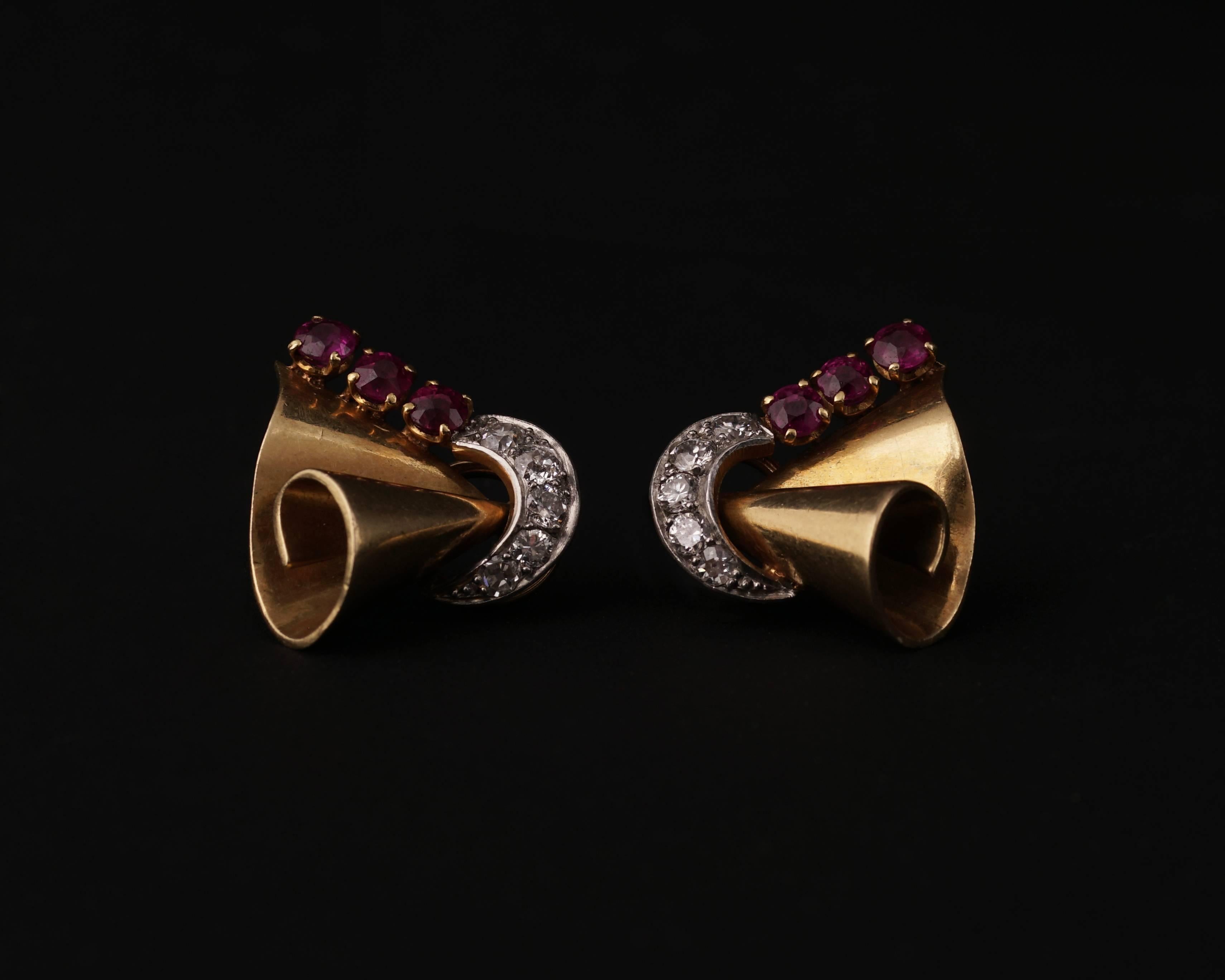 Retro 18 Karat Gold Platinum Ruby and Diamond Clip-On Earrings, circa 1940 3
