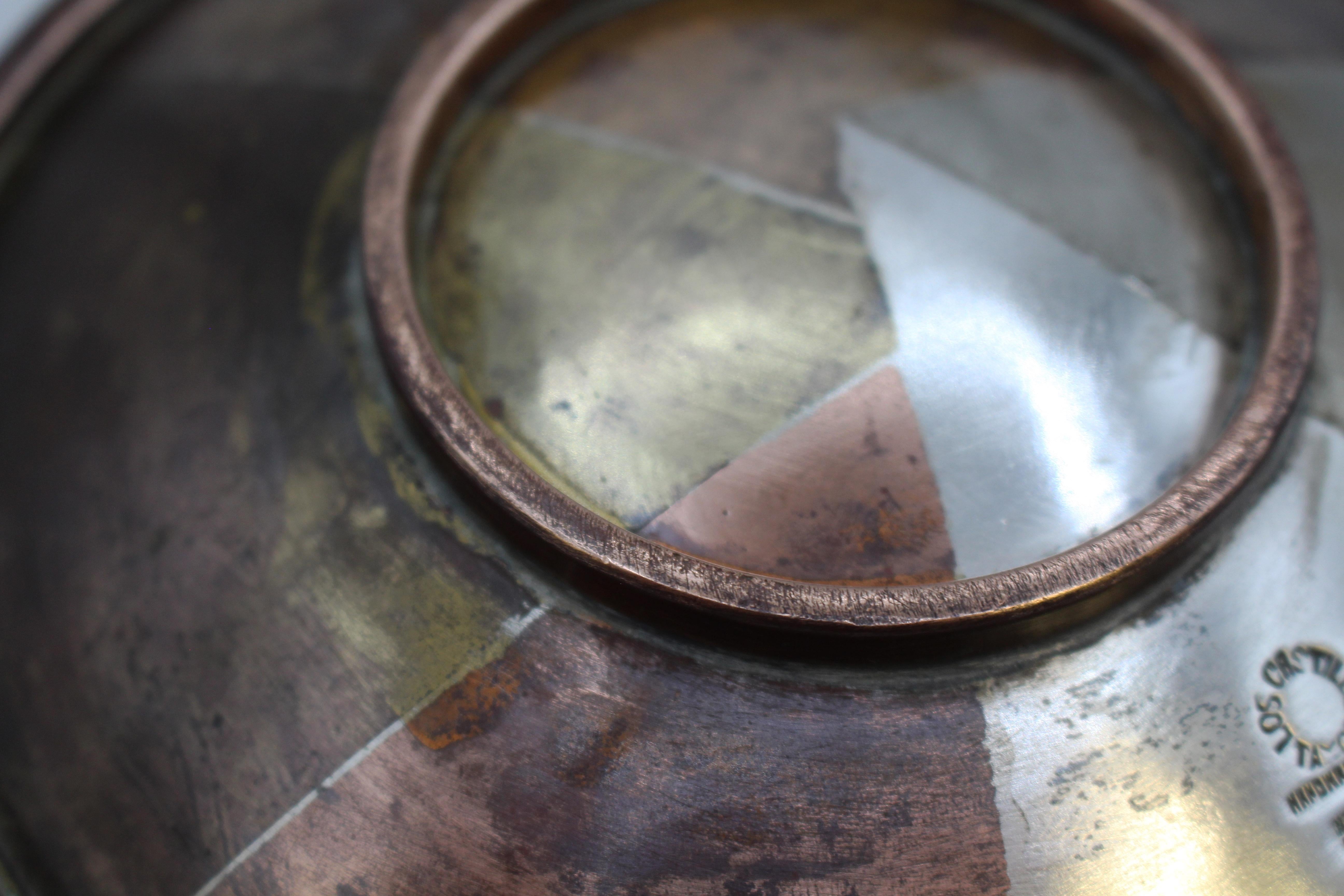 C. 1950 Los Castillo Mixed Metal Card Tray from Taxco In Good Condition For Sale In Chapel Hill, NC