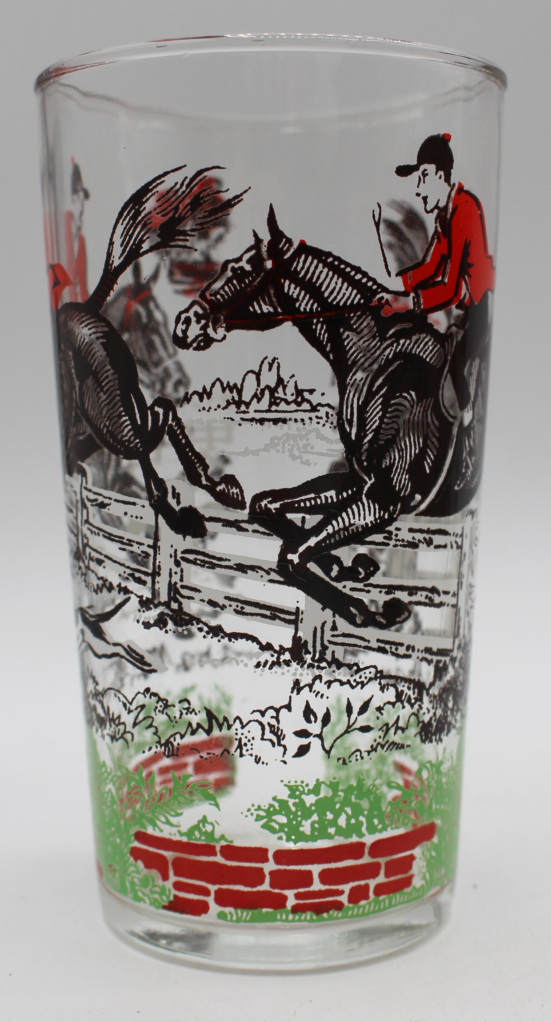 Mid-Century Modern C. 1950 Set of 14 Hazel-Atlas Highball Glasses with Fox Hunting Design For Sale