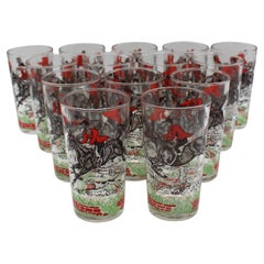 C. 1950 Set di 14 bicchieri Hazel-Atlas Highball con disegno di caccia alla volpe