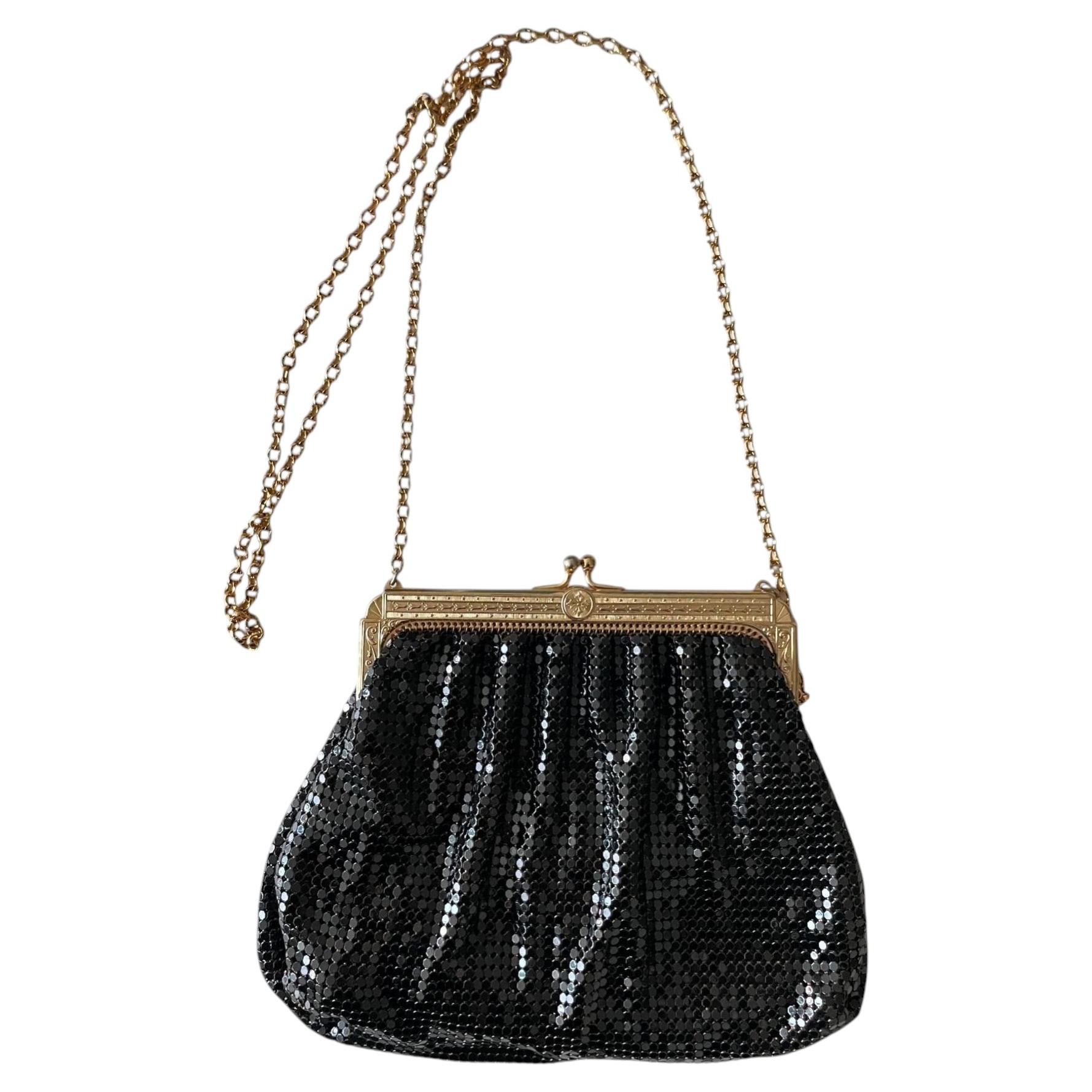 Borsa a tracolla vintage Whiting & Davis in rete metallica nero corvino, anni '50-'60
