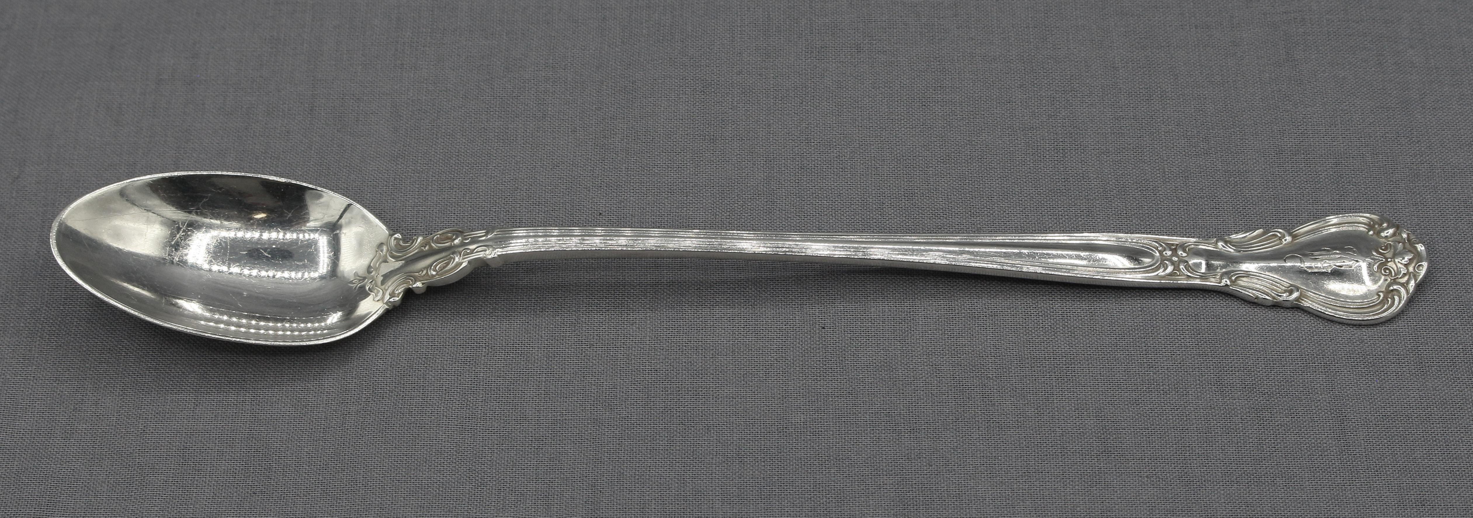 Assembled set of 8 Chantilly sterling silver iced tea spoons by Gorham, c. 1950s-70s. 6 with early marks & monogrammed 