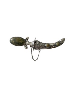 c. 1950s Vintage Mexican Sterling Silver Dagger Brooch with Green Stone Inlay