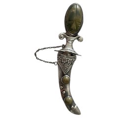 c. 1950s Vintage Mexican Sterling Silver Dagger Brooch with Green Stone Inlay