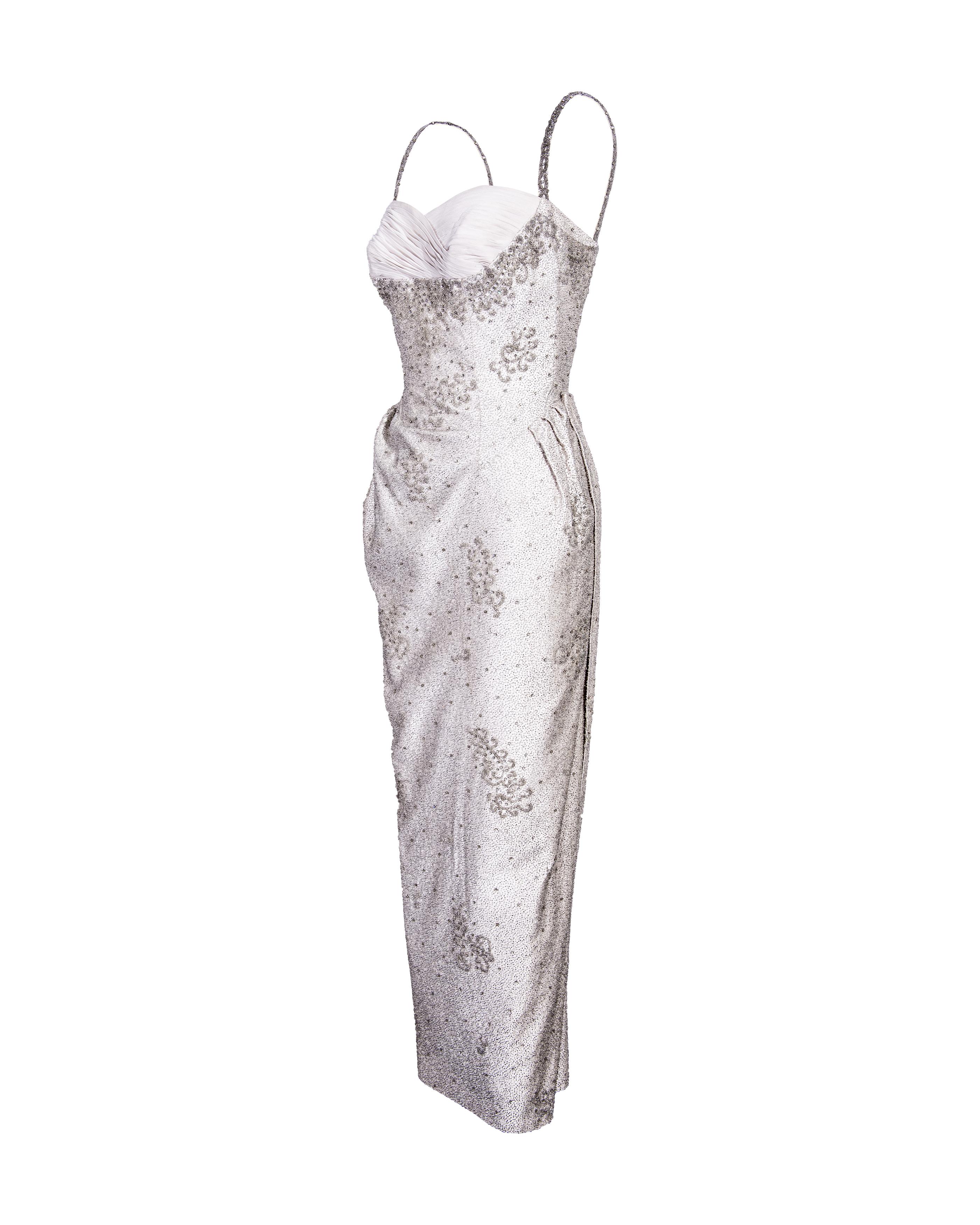 c. 1958 Pirovano Milano (Special Vintage) pale gray fully embellished gown with filigree details. Extremely special hand-embellished gown with full beading throughout and raised silver filigree details, and fully embellished straps. Heather gray