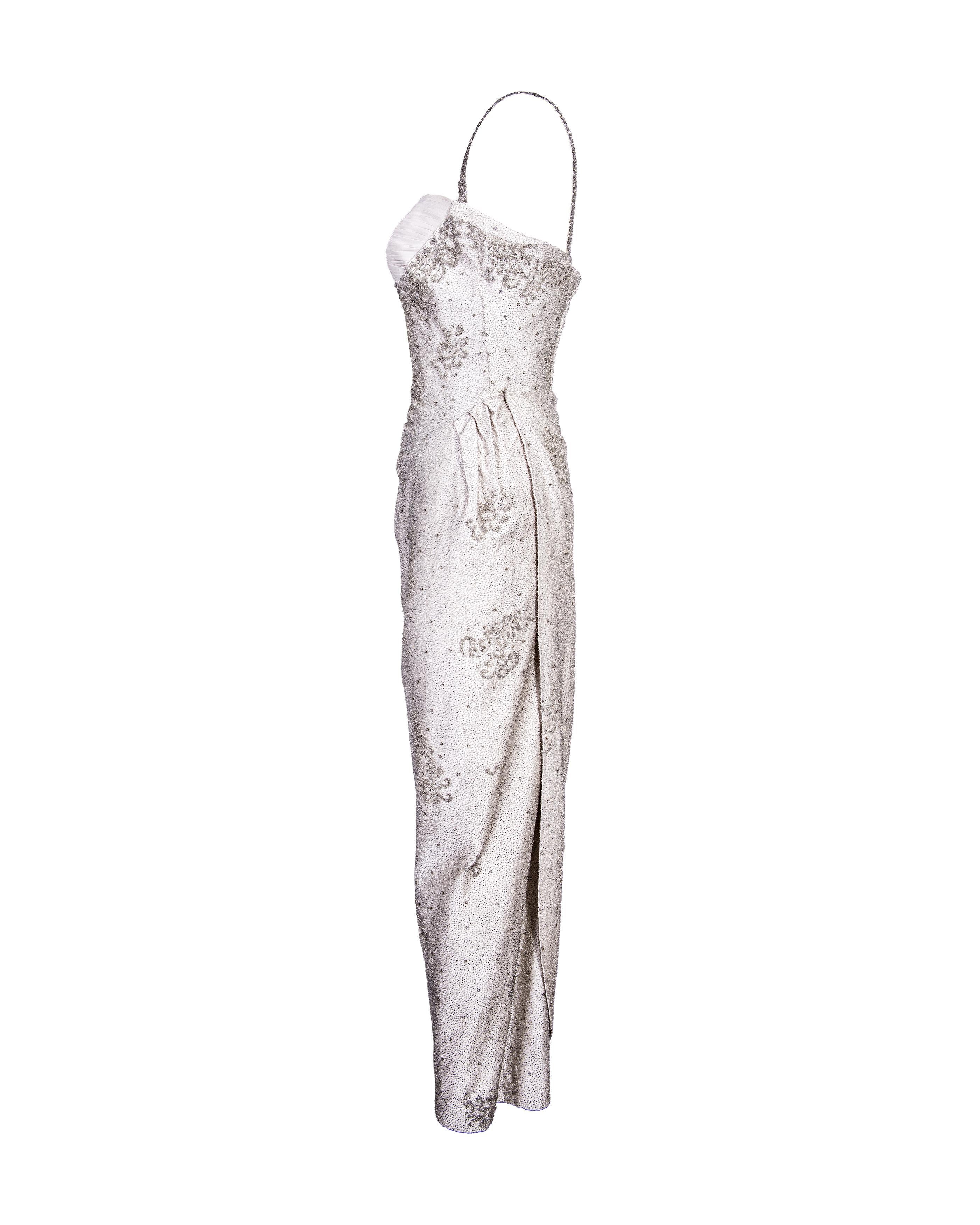 c. 1958 Pirovano Pale Gray Fully Embellished Gown with Filigree Details In Excellent Condition In North Hollywood, CA