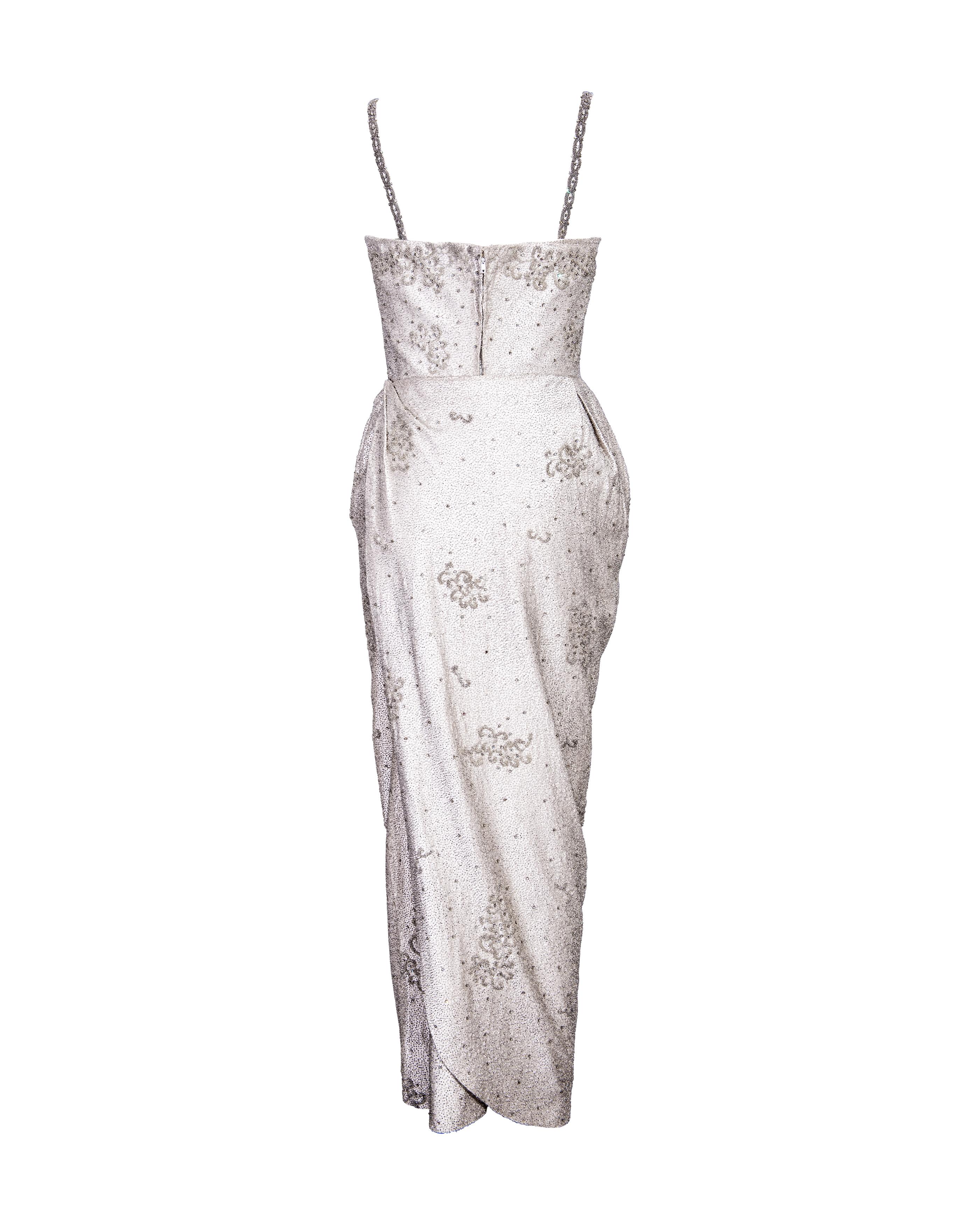 Women's c. 1958 Pirovano Pale Gray Fully Embellished Gown with Filigree Details