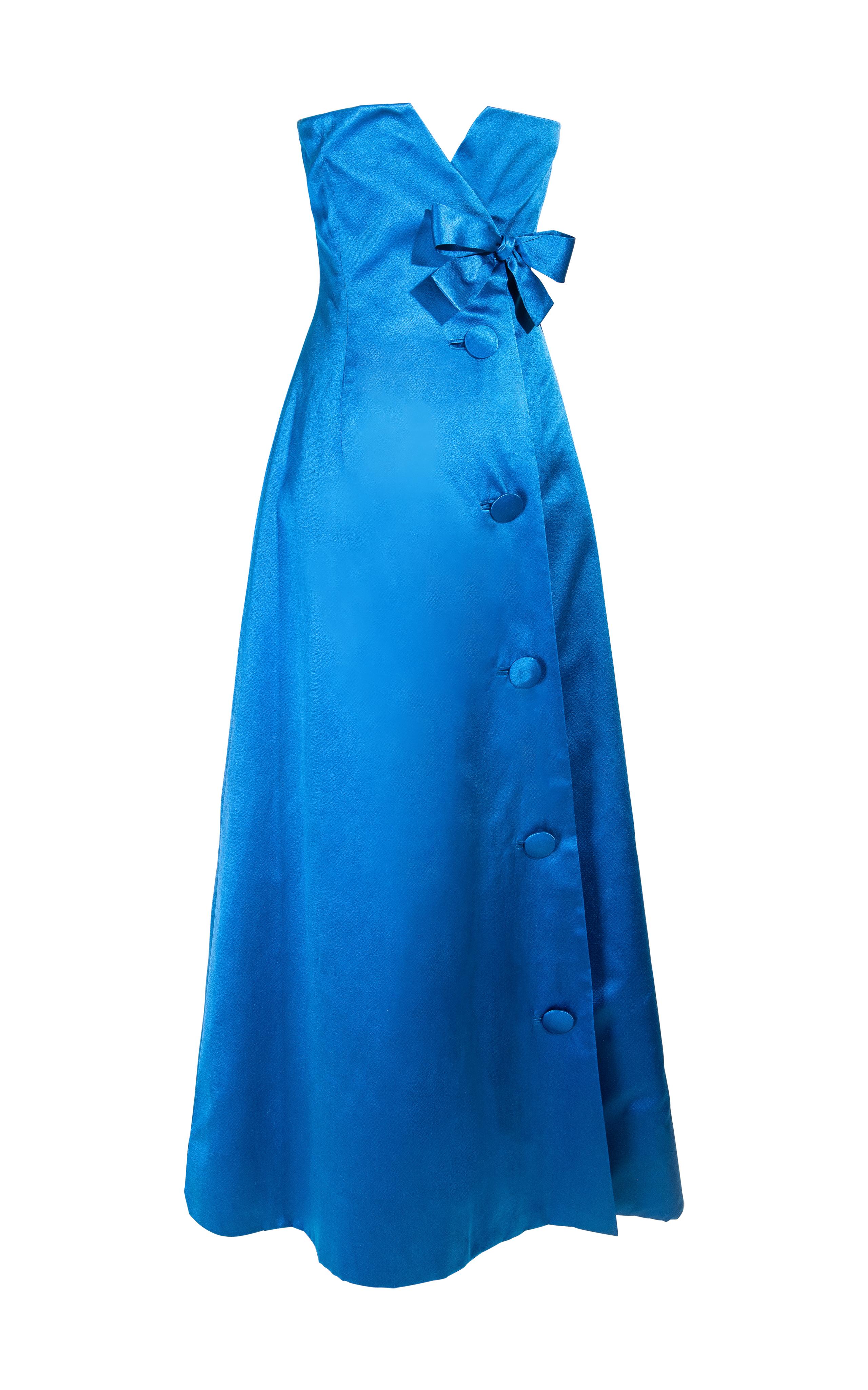 1959 Jean Patou by Karl Lagerfeld Couture Trägerloses Abendkleid aus blauem Satin (Blau) im Angebot