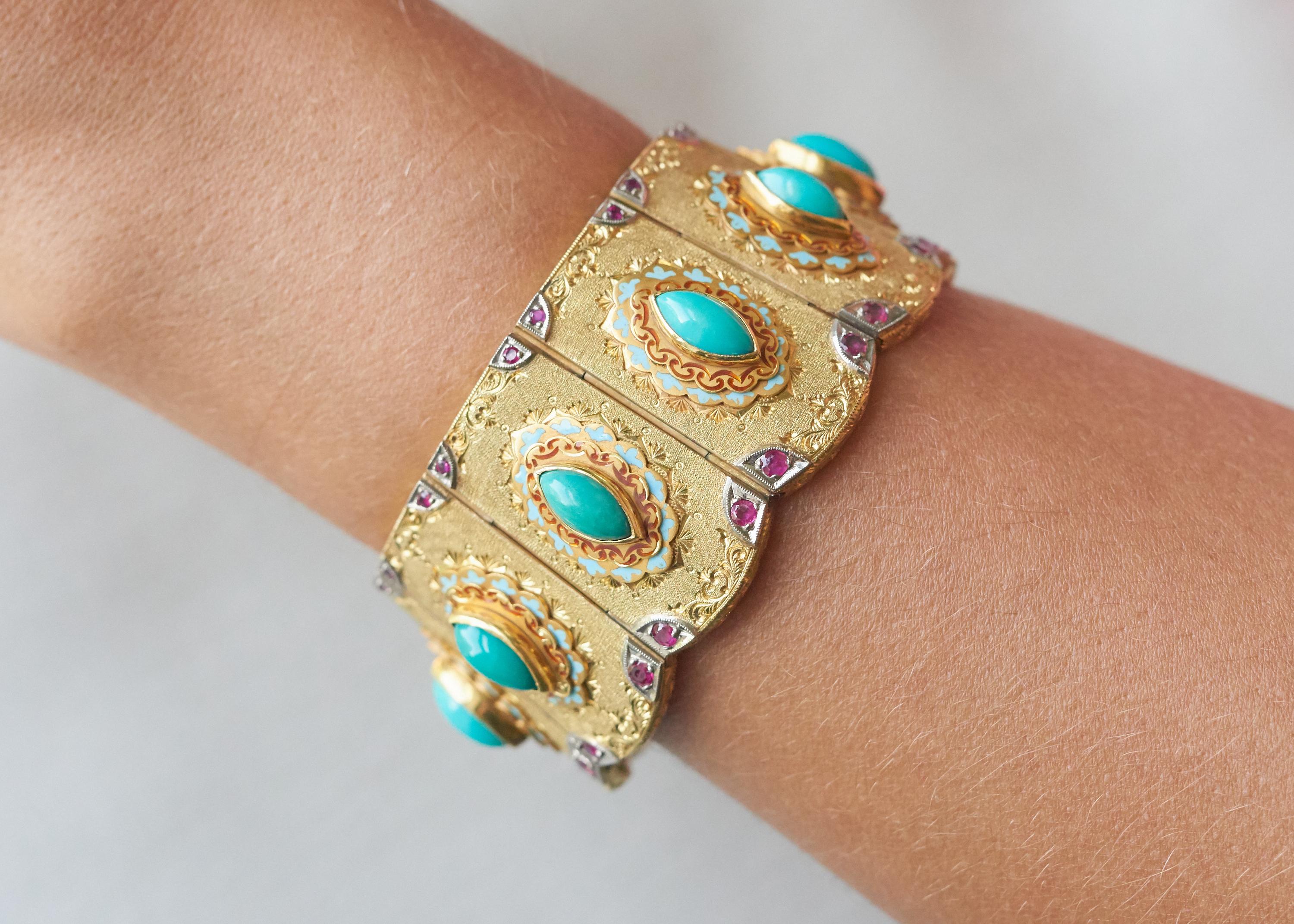 A handmade, unique, turquoise, ruby, enamel, and 18 karat gold scalloped bracelet, by Angelo Giorgio Cazzaniga, c. 1960. Signed Cazzaniga, AGC, stamped 750. 

This exquisite bracelet is typical of the Cazzaniga style, designed, with an eclectic mix