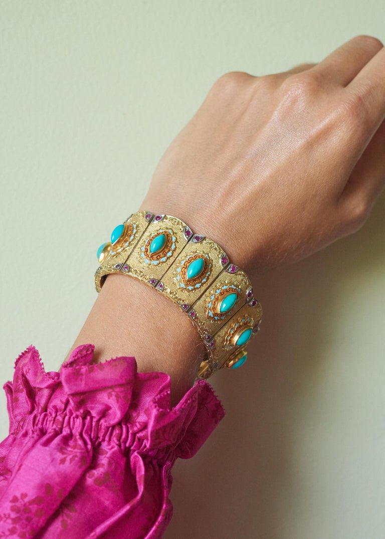 Circa 1960 Cazzaniga Turquoise, Ruby, Enamel and Gold Bracelet For Sale at  1stDibs | enamel bracelet charms
