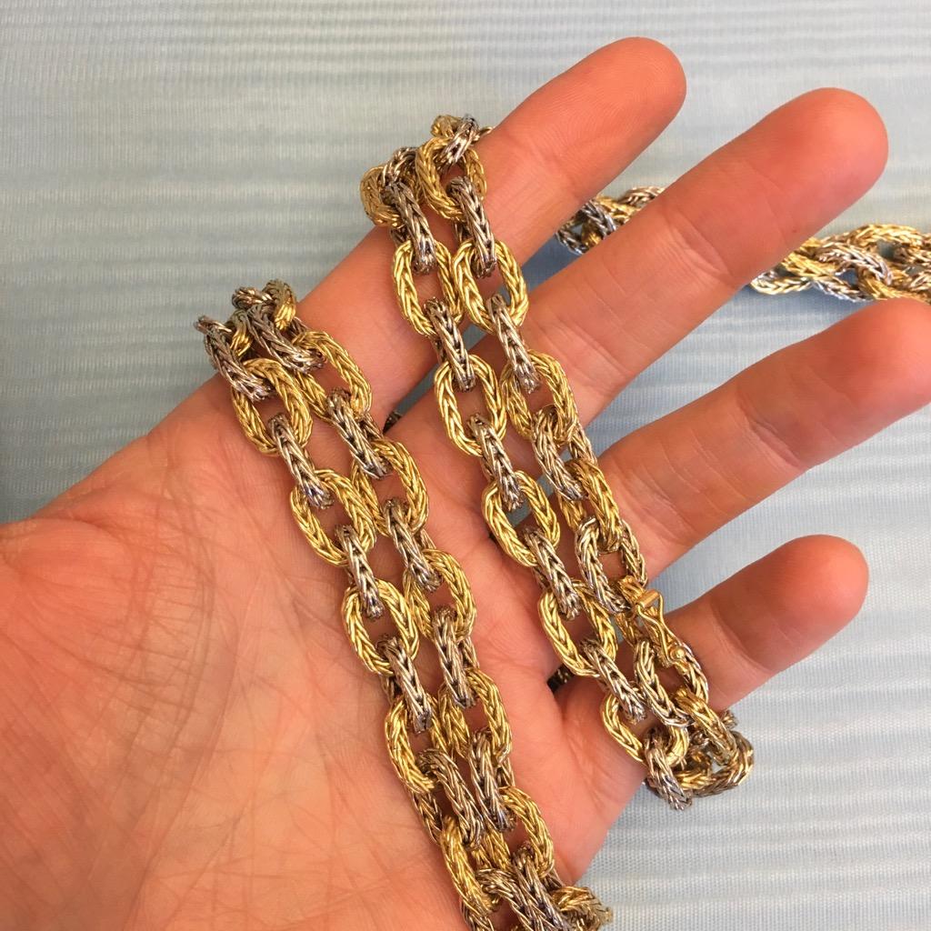 Women's or Men's Italian Circa 1960 Yellow and White Gold Textured Braided Chain 
