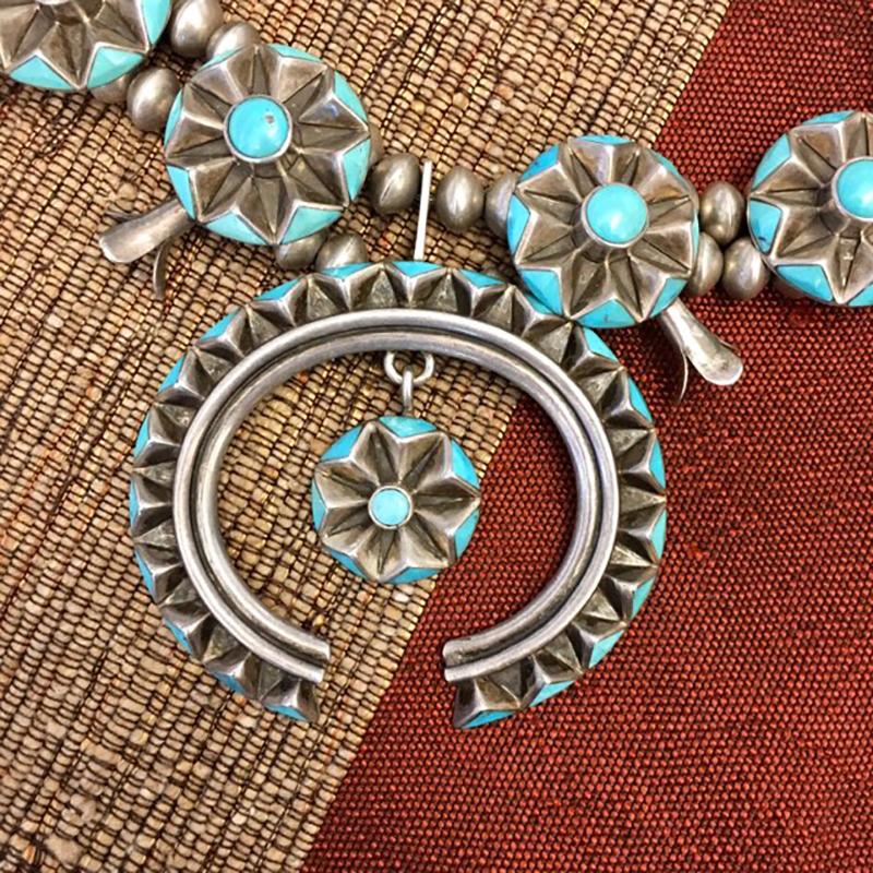 Native American Kee Joe Benally Turquoise and Sterling Squash Blossom Necklace, c. 1960